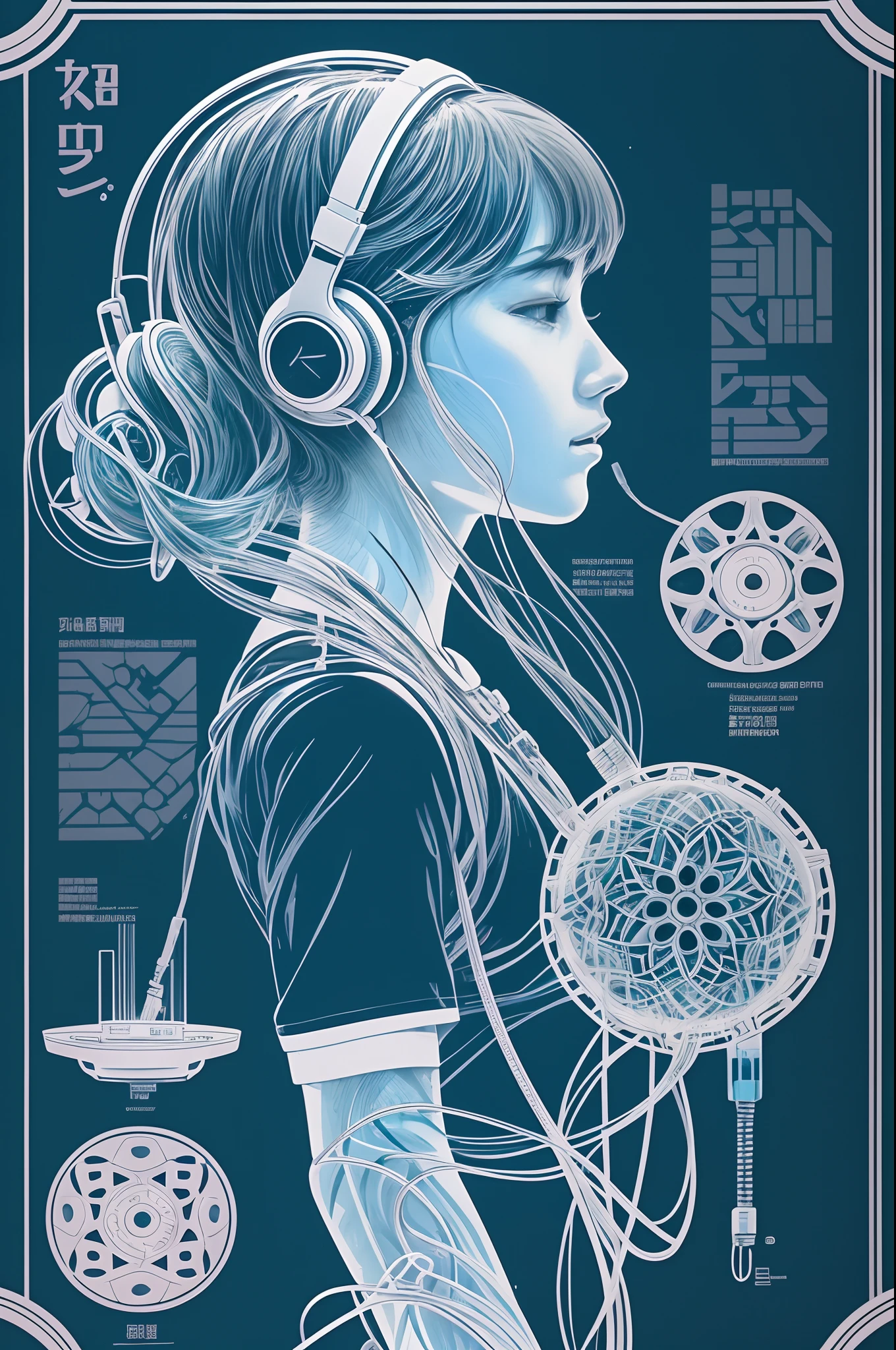 - [ ] Digital Printing Machine Poster, Technical schematic view from the front and side views of the design drawing paper.、The bold text in the background is「Jellyfish style water-cooled headphones」, product, Illustration. Central depiction: Teenager in Japan in cool oriental style wearing retro design headphones, Headphone Design: Vintage aesthetics and modern functionality, Integrated thin water flow pipe resembling jellyfish tendrils, Auditory environment: Showed a gentle murmur of underwater sound emanating from headphones, Imitating the aquatic atmosphere, Spiritual tranquility: The expression of the girl's face and posture reflects mental tranquility, Shows the soothing effect of aquatic whispers, Juxtaposition: Emphasized a harmonious blend of modern hearing technology and nature's calming essence, Explore the story: A story of art seeking mental stability in a chaotic modern world、Subtly implied by design elements and annotations, Symbolism: The similarity of jellyfish provides a unique aesthetic, Symbolizes a gentle drift into serene contemplation, Technical Specifications: Ultra-detailed graphite rendering at 8K resolution、Accurate depiction of each element is ensured, Important Suggestions, and feature pointers, Instruction manual: Next to the main illustration, In the instruction guide、More information about assembling and using the headphones, Provide a practical touch to artistic blueprints. 8K, conceptual art