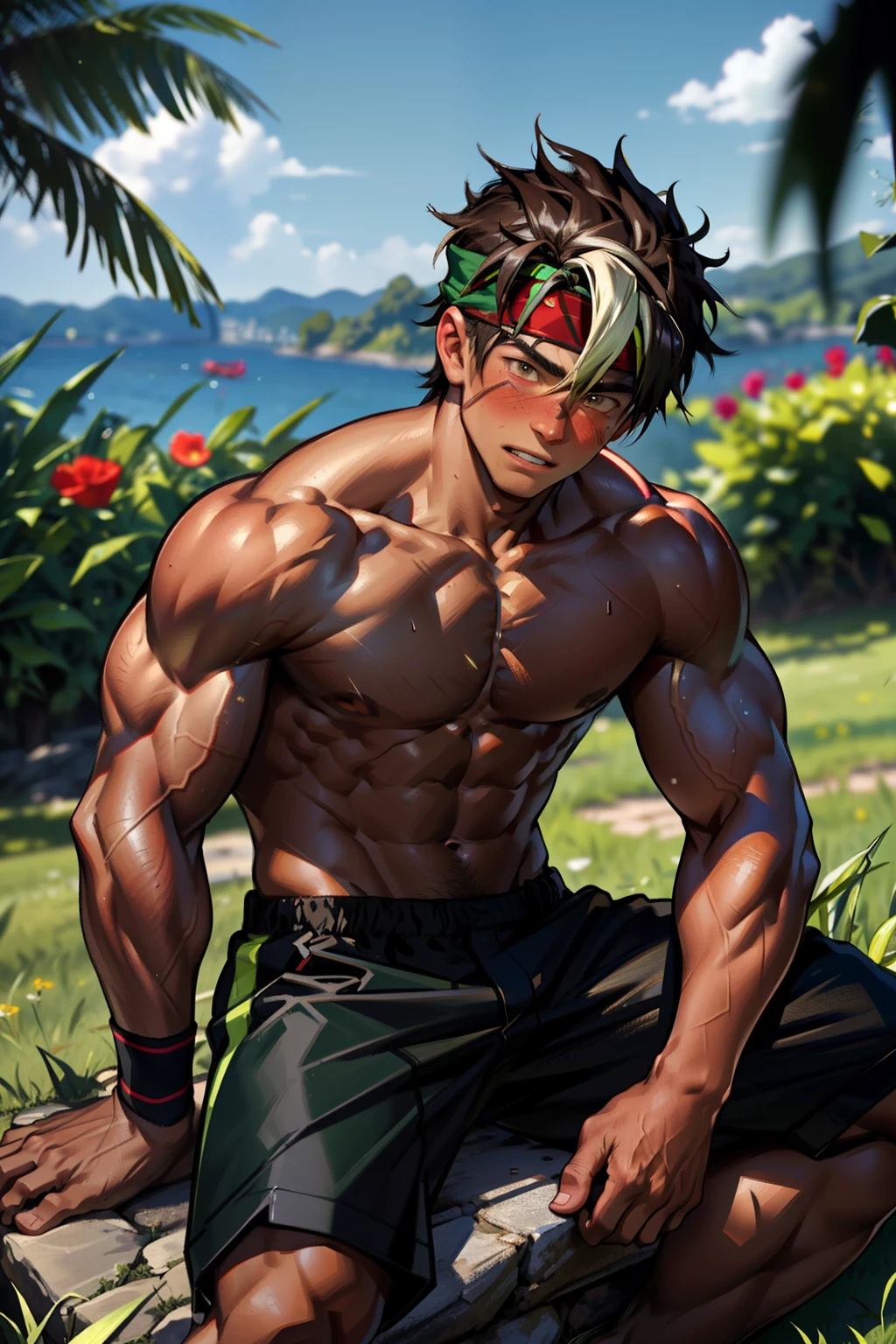 (Masterpiece, Best quality 12 year old boy,Shota), 1boys, Young,Muscular, Short hair, with brown eye, Intricate, Grass, full bodyesbian, Shirtless, Muscles sparkle in the sun,Black shorts, green headband, Vivid colors,(Depth of field:1.2),(Abs),Blush, view the viewer, Sit on grass,