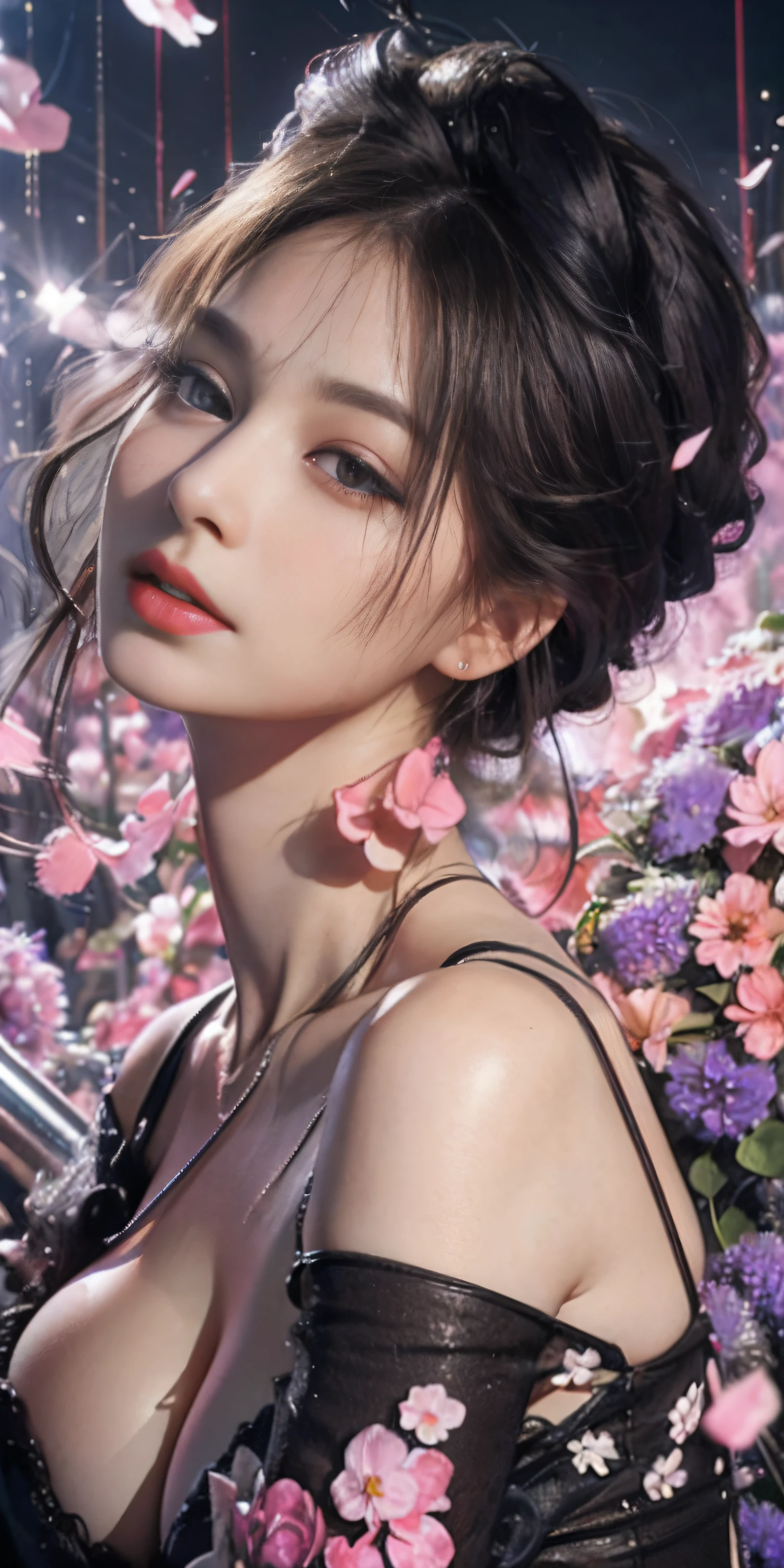 stunning beauty, Aesthetic, Oil painting style, thick coating, Women with incomparable style, Exquisite facial makeup, Black hair, long hair and waist, long eyelashes, Dark brown pupil eyes, exquisite nose, Lip balm, Inseparable strands, Beautiful posture, Graceful curves, Plump ideal type, Super special exaggerated huge breast weight, Bold, Elegant, Extravagant artistic acts, romanticism, (Fractal Art), Vibrant colors, Sunny glare smooth skin, Professional photo close-ups, Brutalist design, Explore Victoria's Secret, blush, flower petals, Vivid colors, The most beautiful chaotic shapes, Colorful, Colorful and magnificent, From above, from the front side