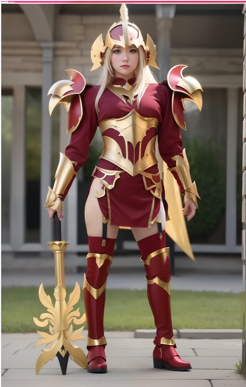 Young woman in fantasy costume、、large full breasts、beautiful foot、a blond、、Good Style、、a miniskirt、Shiny Crimson Armor、Gold Mace、Leg armor