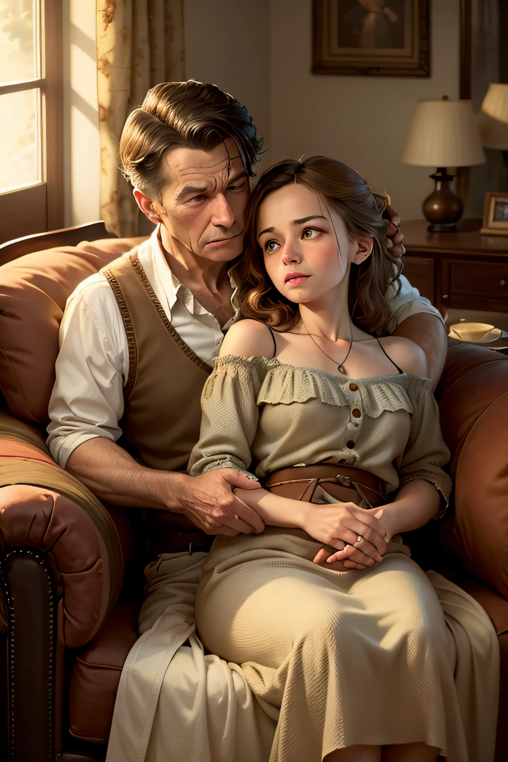 Set in a cozy, well-worn living room with warm, soft lighting, a woman and a man sit on a comfortably worn-in sofa, surrounded by vintage décor and antique furniture. They hold delicate teacups, sharing stories and laughter. The scene evokes a sense of nostalgia and comfort, reminiscent of the works of Norman Rockwell. The image should be highly detailed, with intricate patterns on the furniture and a focus on capturing the genuine emotions in their faces.