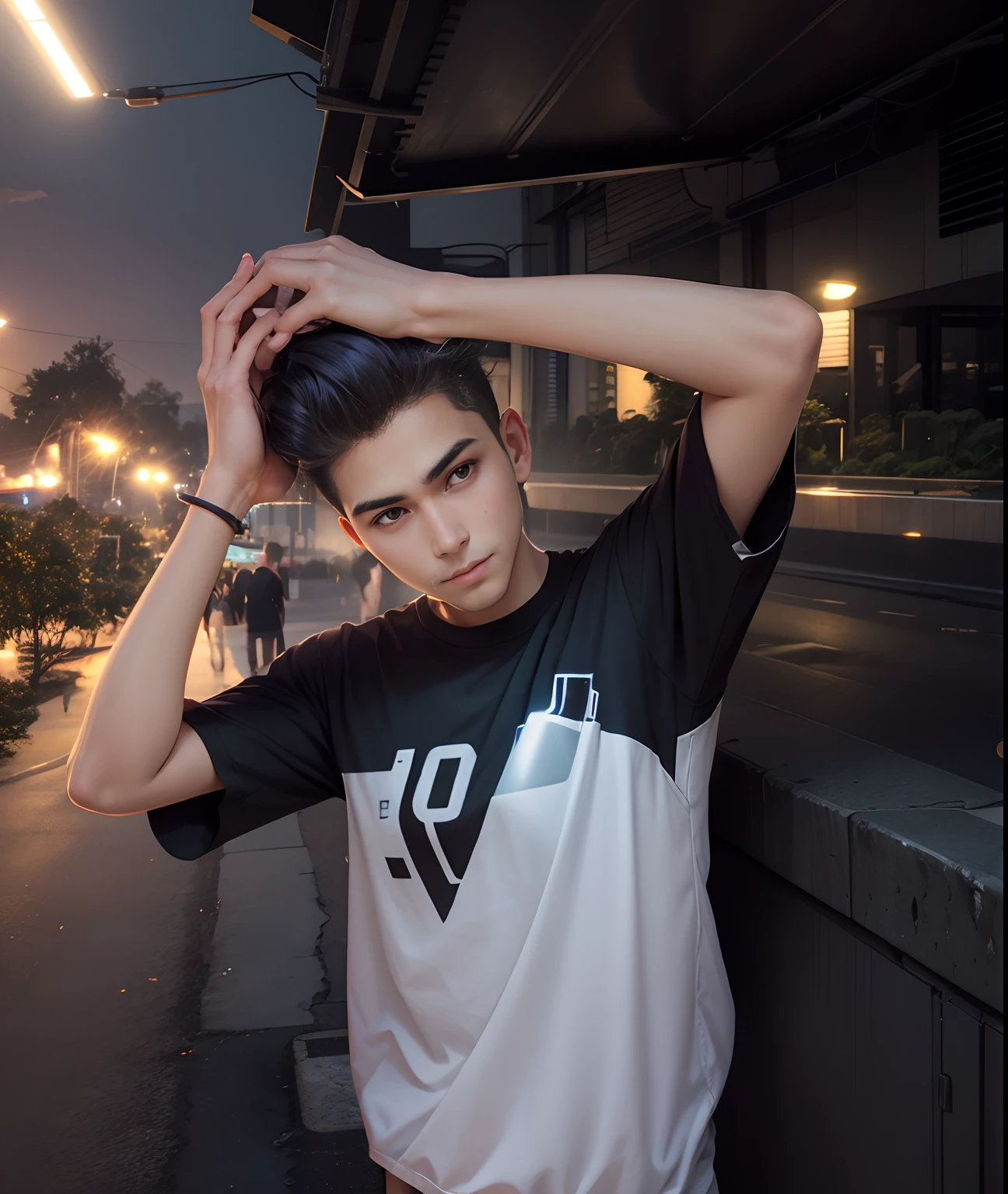 Background change and lighting and ultrasonic 10k quilty tshirt change and hair style