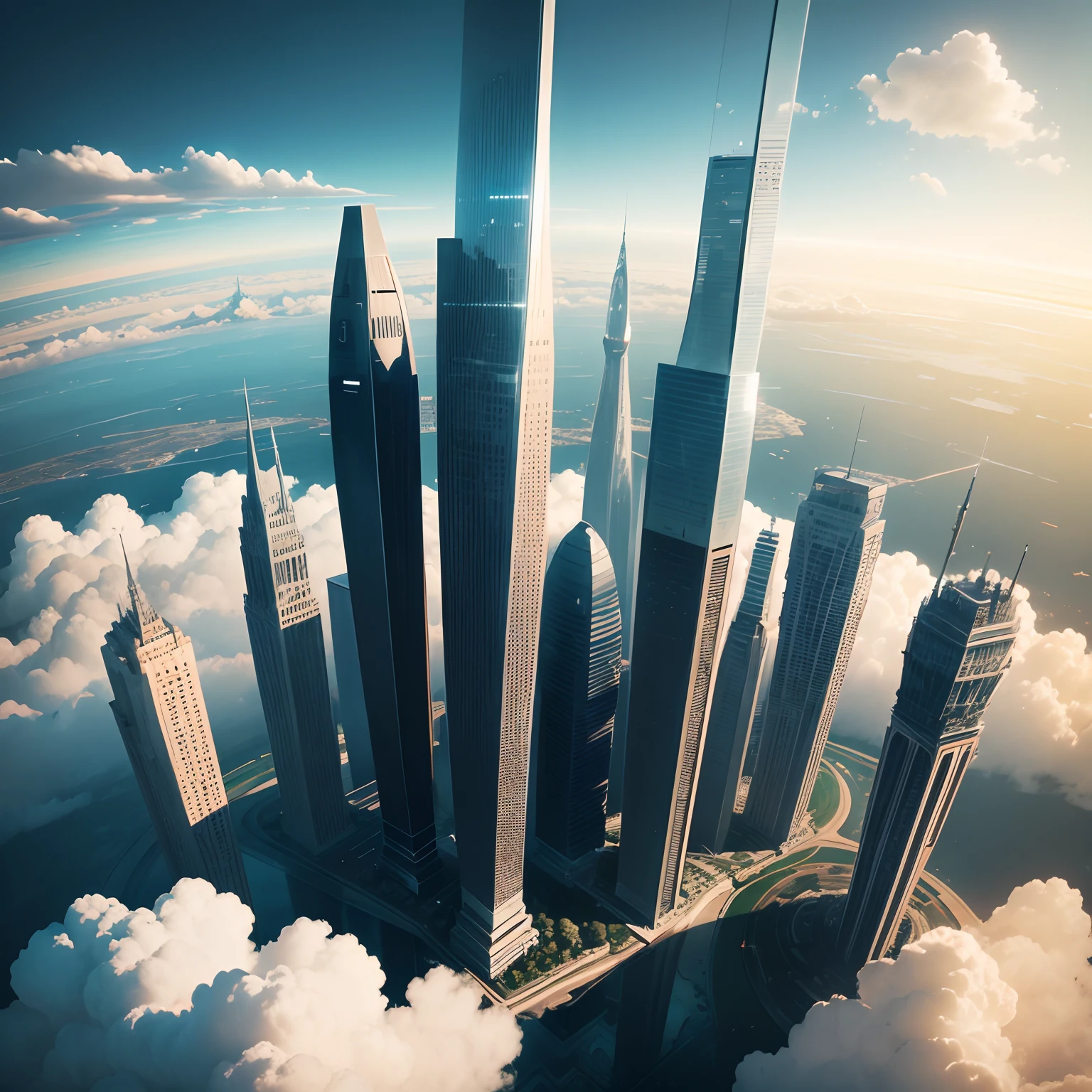 A spaceship flies between clouds of an intense and strong early dawn with many rays of sun flooding the blue sky cut through , in sky, spacecraft fly towards a large concrete wall that surrounds a metropolis in the background seen from above the sky, em 3d, hiper-relismo em cena;, definition in all elements in the scene, cores semelhantes a Ghibli, pintura fosca digital --auto