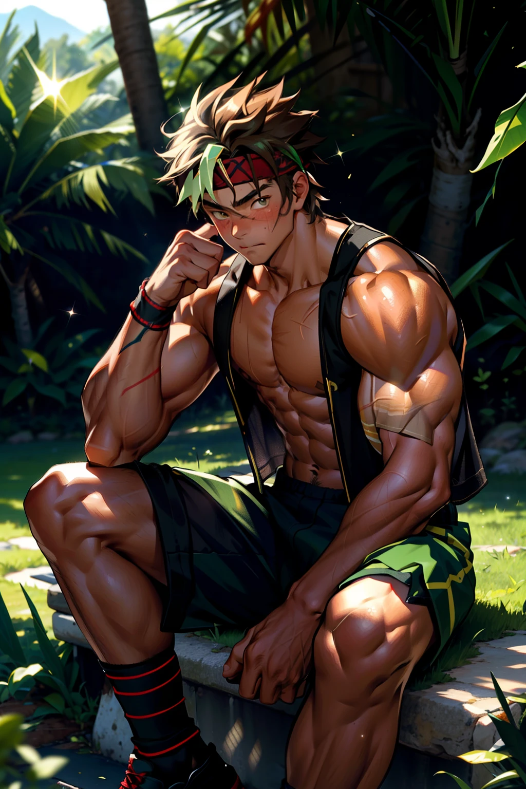 (Masterpiece, Best quality 12 year old boy,Shota), 1boys, Young,Muscular, Short hair, with brown eye, Intricate, Grass, full bodyesbian, Shirtless, Muscles sparkle in the sun,Black shorts, green headband, Vivid colors,(Depth of field:1.2),(Abs),Blush, view the viewer, Sit on grass,