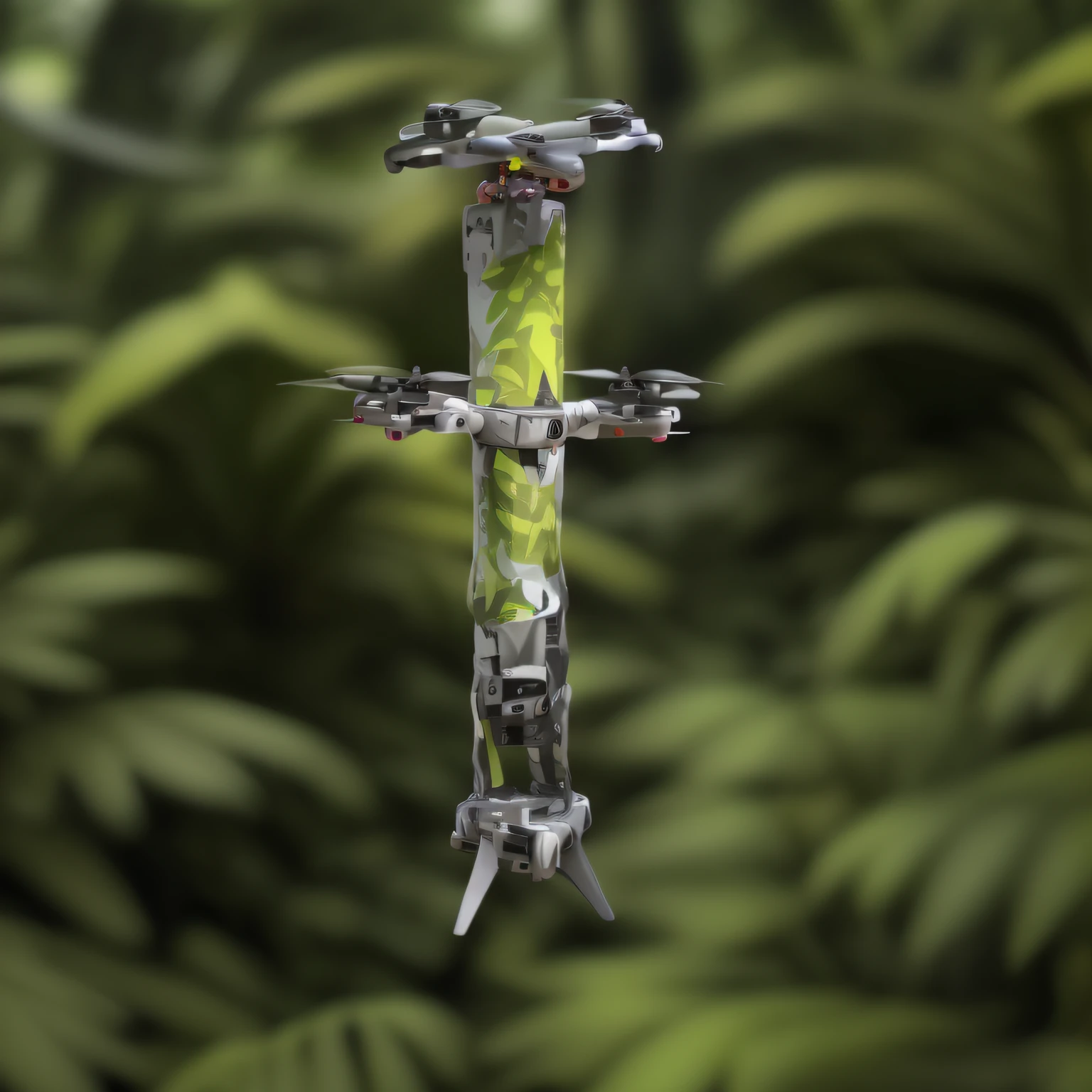 The drone is ready to take off in an open field in the rainforest（Existing images are not modified，Only the background is modified）