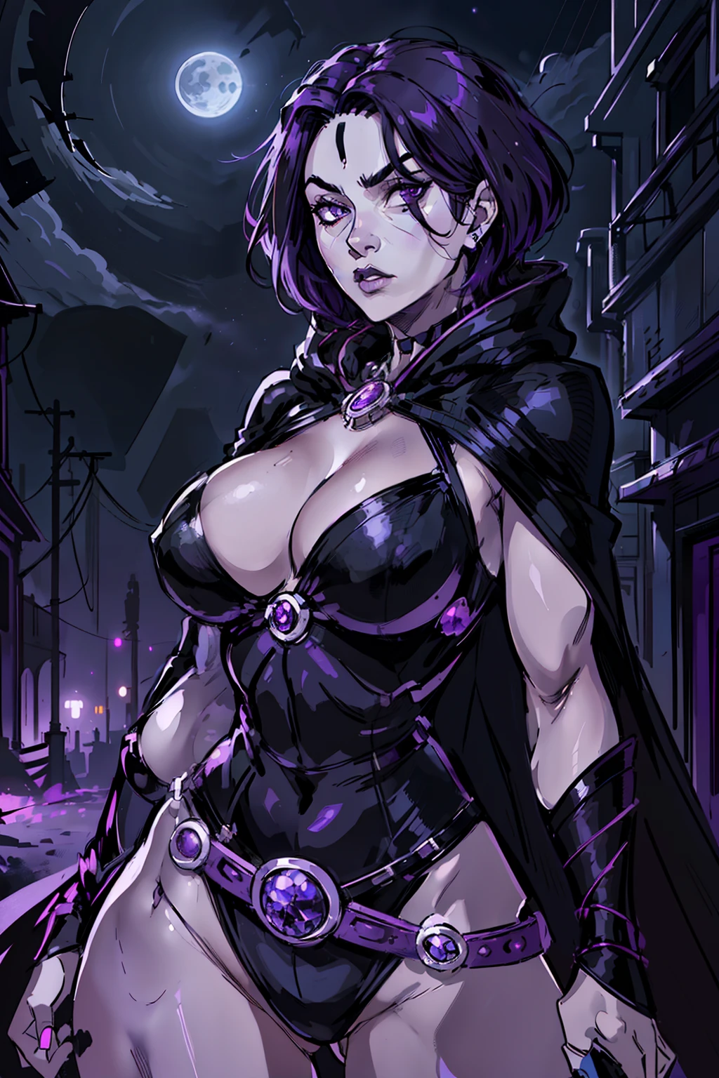 1girl, raven, black leotard, black cape, hood, purple hair, forehead jewel, purple eyes, short hair, belt, skin tight, standing, cleavage, toned, breasts, pose, night, moonlight, ((posing)), motion lines, torso, upper body, portrait, b&w. outline,