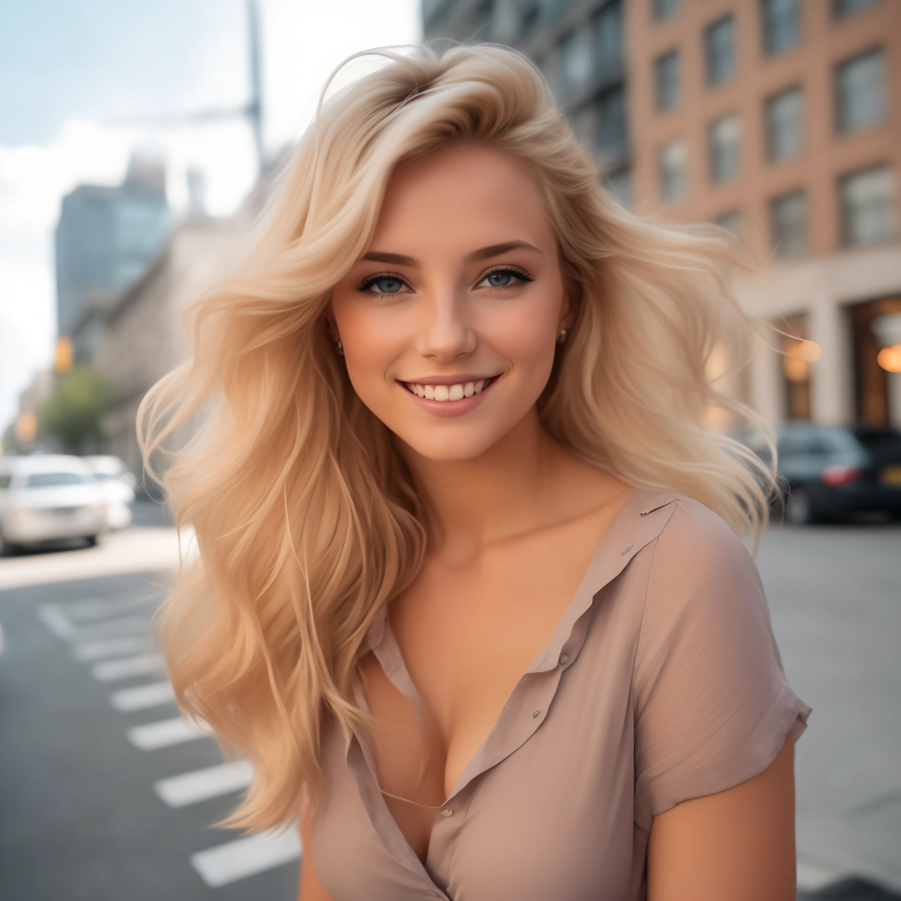 blonde woman with long hair standing on the street in front of a building, beautiful blonde woman, beautiful blonde girl, tags: blonde hair, Big breasts, Big chest, blonde woman, a girl with blonde hair, by Kristian Zahrtmann, cute woman, by Seb McKinnon, shoulder - length blonde hair, a gorgeous blonde, beautiful blonde hair, beautiful and smiling, by Matija Jama