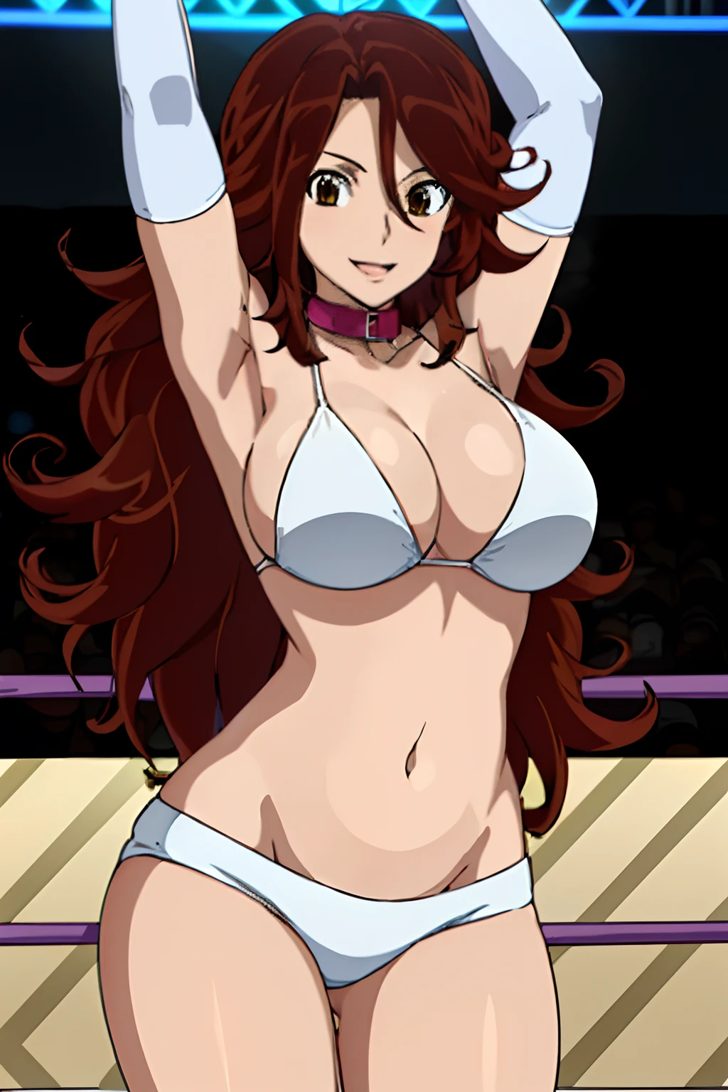 cowboy shot, body view, anime style: 1.8, anime drawing, ultra detailed face, ultra detailed body, 4k, Sumergai Lee Noriega, (standing), best quality, anime style, hires, highest definition, digital blending, bold drawing lines, ((slim waist, female wrestler), (location: wrestling arena, crowds watching), ( slim body, athletic , little biceps, thighs, off-shoulders, (curvy: 2.8), lighting, spot lights, very shiny skin), ((white bikini, shorts, groin, , white gloves, collar)), victorious, winner, , (big breasts, smile), (big eyes, brown eyes), (clapping), (brown hair, loose hair, curly hair, wavy hair, long hair, missy hair), 27 years old, (dancing)