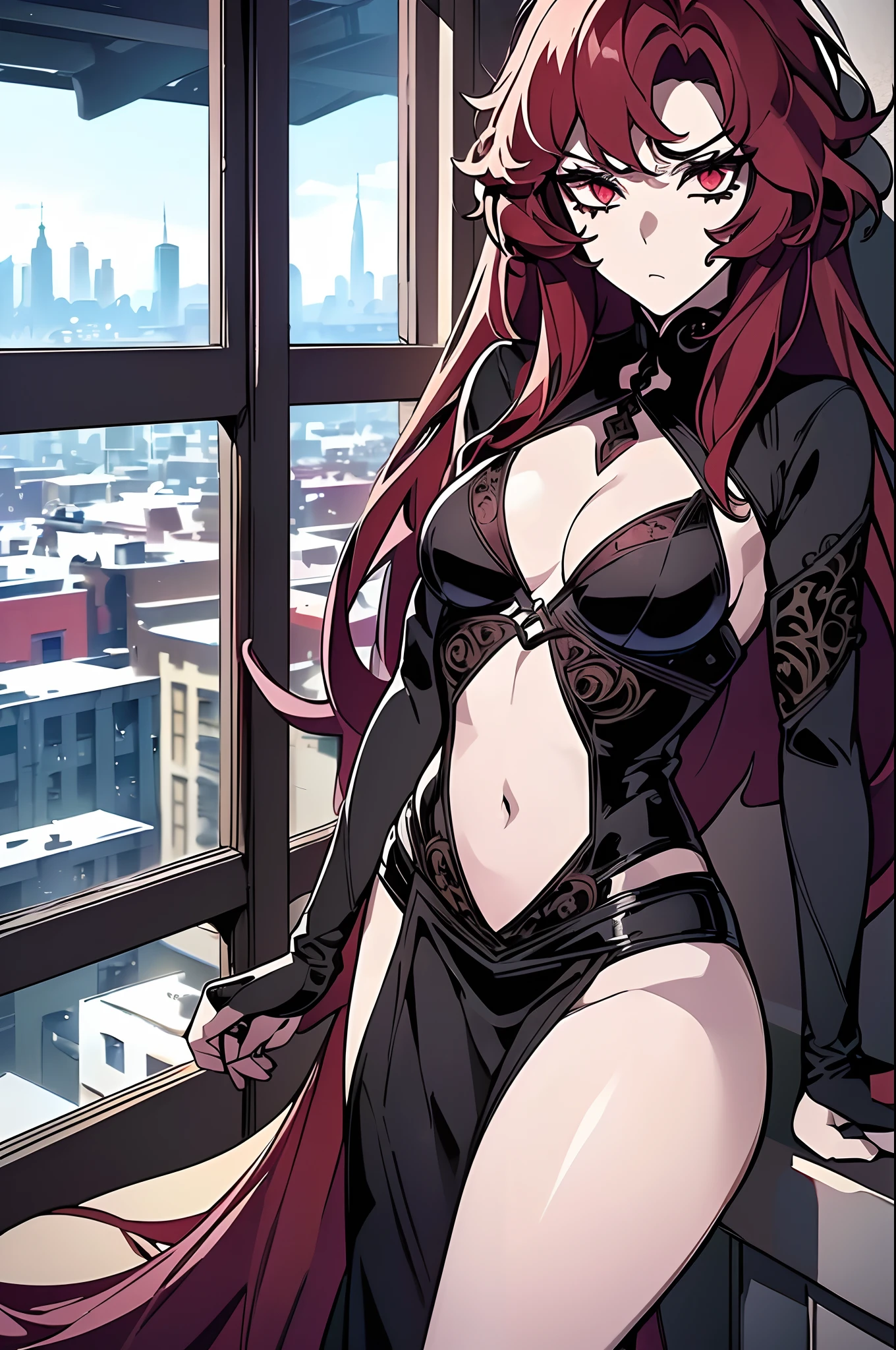 The World After The Fall((masterpiece)), ((ultra-detailed)), ((best quality)), ((intricate details)), ((chromatic aberration)), 1girl, long hair, shy, ((very small breasts)), makeup, black eyeliner, (expressionless, ), looking at viewer,red hair, red eyes, ((tied up, cleavage, bedroom, solo,cityscape,window, )),grabbing from behind,
breast grab