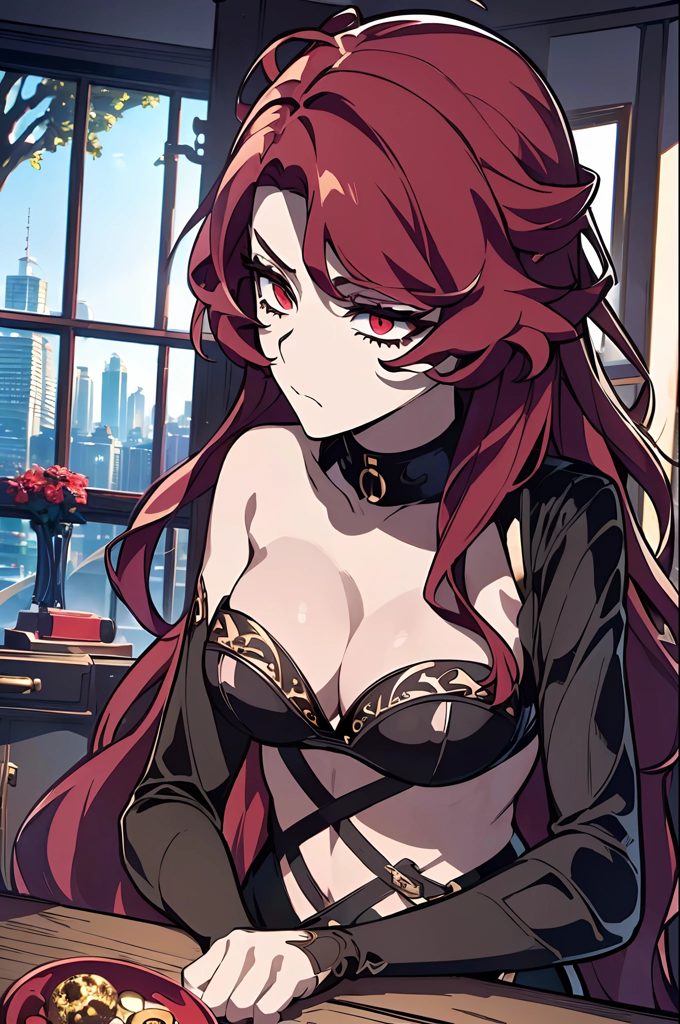 The World After The Fall((masterpiece)), ((ultra-detailed)), ((best quality)), ((intricate details)), ((chromatic aberration)), 1girl, long hair, shy, ((very small breasts)), makeup, black eyeliner, (expressionless, ), looking at viewer,red hair, red eyes, ((tied up, cleavage, bedroom, solo,cityscape,window, )),grabbing from behind,
breast grab