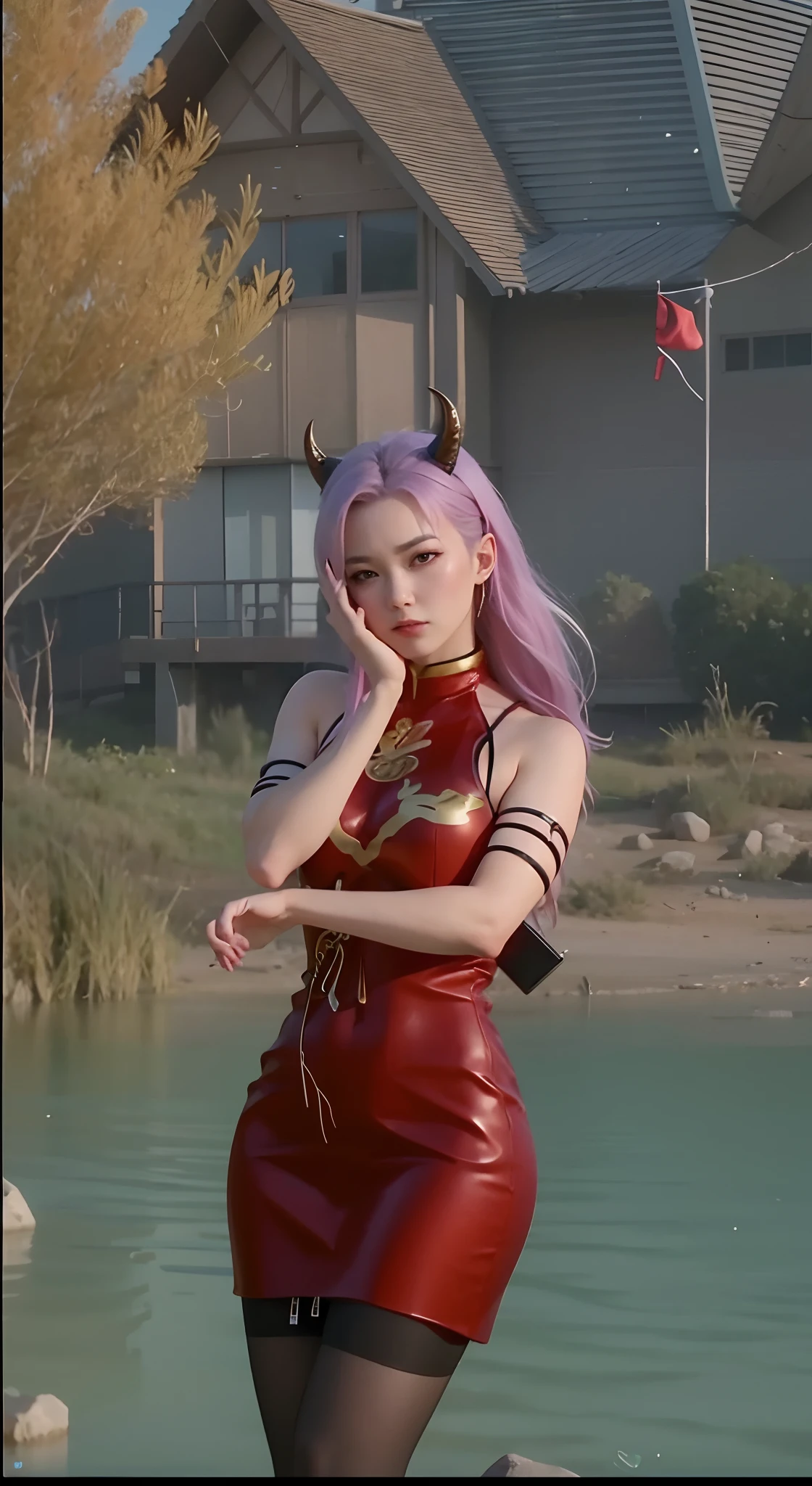 ((super realistic)), arafed woman in a chinese red suit and red horn standing in front of a lake, style game square enix, realistic artstyle urban girl fanart, trending on cgstation, fashion gameplay screenshot, realism artstyle, diesel punk female, game cg, casual pose, realistic anime 3 d style, trending at cgstation, detailed face, detailed eyes, hand on cheeks, normal hand realistic