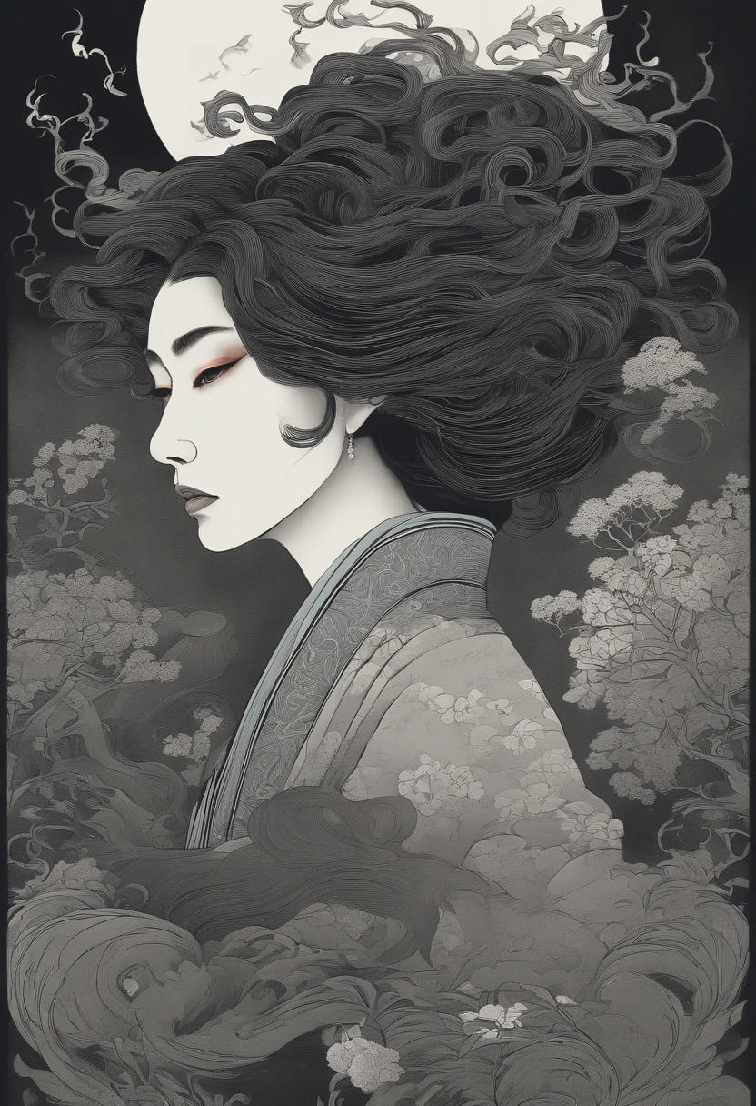 "Imagine an ukiyo-e artwork that blends traditional Japanese woodblock print techniques with gothic, somber, and demonic elements. In this scene, depict a person with curly hair, their countenance shrouded in shadow and their expression bearing an eerie, otherworldly quality. The curly hair should cascade in intricate, sinuous waves, almost resembling dark tendrils. Surround this figure with a background that evokes a sense of darkness and foreboding, with gothic architecture and eerie, supernatural symbols. Incorporate elements that hint at a demonic or otherworldly presence, such as subtle hints of horns or claws. The result should be a striking fusion of ukiyo-e aesthetics with gothic and supernatural elements that captivate the viewer's imagination."