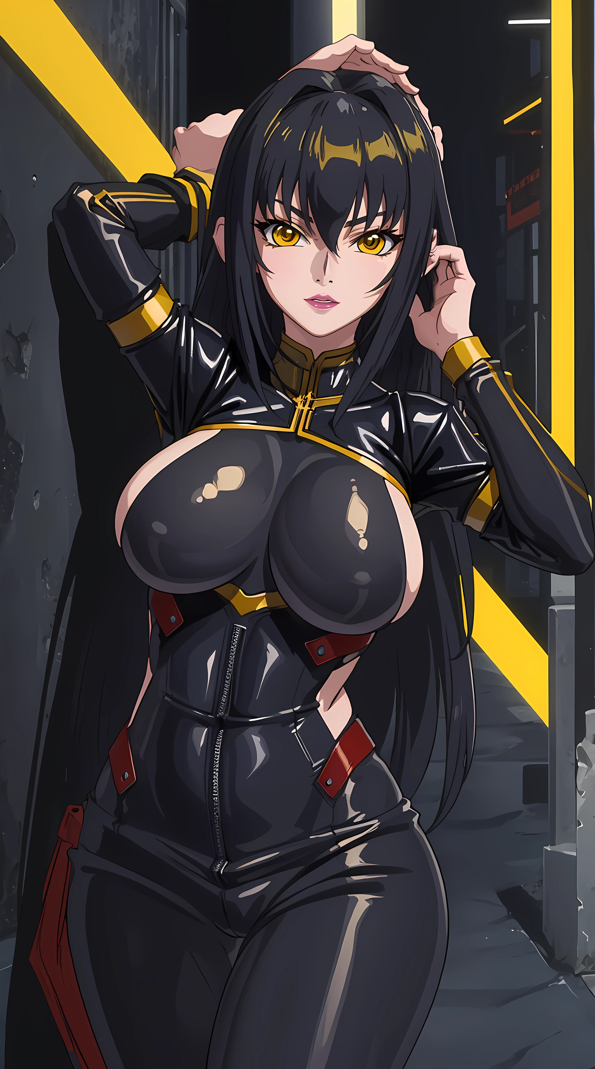 (masterpiece:1.4),(best quality:1.4, highres), beautiful face, beautiful eyes, 1girl, solo, female mature, black hair, long hair, (yellow eyes:1.4), large breasts, black latex suit, ((night vibe background)), hair intakes, exquisite eyes detail, exquisite face details, exquisite character design details 8k HDR, professional art, landscape, (solo:1.5, 1girl:1.4, cowboy shot:1.5), milf, 35 years old girl, (looking at viewer, smug, Lying against the wall, hand on head), Annerose