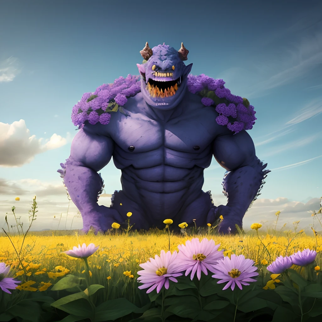 a purple colored monster with a bunch of flowers in a field
