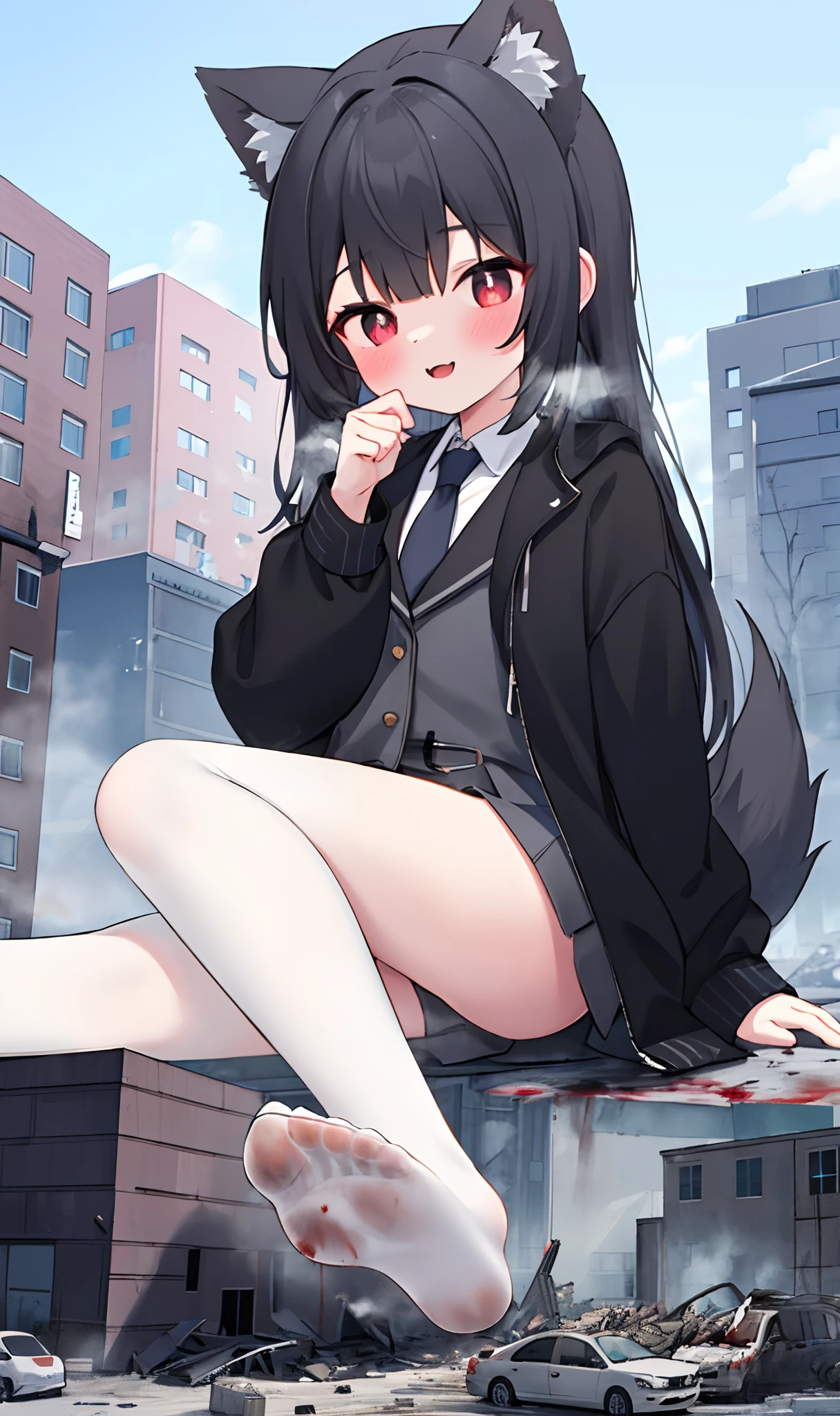 1girll, old, full bodyesbian, Bigger than the building,No shoes,{Black stockings},Black jacket with white shirt ,Blue tie,Dark gray hair,Wolf ears,Light red eyes,A cold expression, Destroyed buildings, Sit on a destroyed building,People who have been trampled on the ground,blood on ground,GTSCity, As a giantess, Bright pupils, Smile, Naughty face, 16k, High quality, High details, Anatomically correct, Textured skin,The feet emit steam,