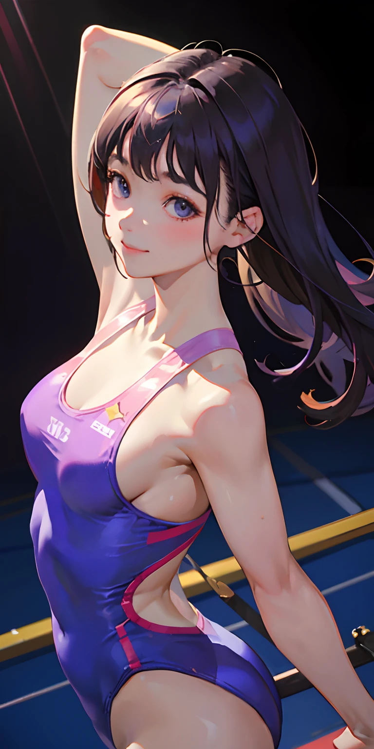 masterpiece、top-quality、hight resolution、Realistic Girl、gymnast、Close-up of people、Wearing a purple bodysuit、During gymnastics competitions、Smile、Gymnastics competition venue、A sexy