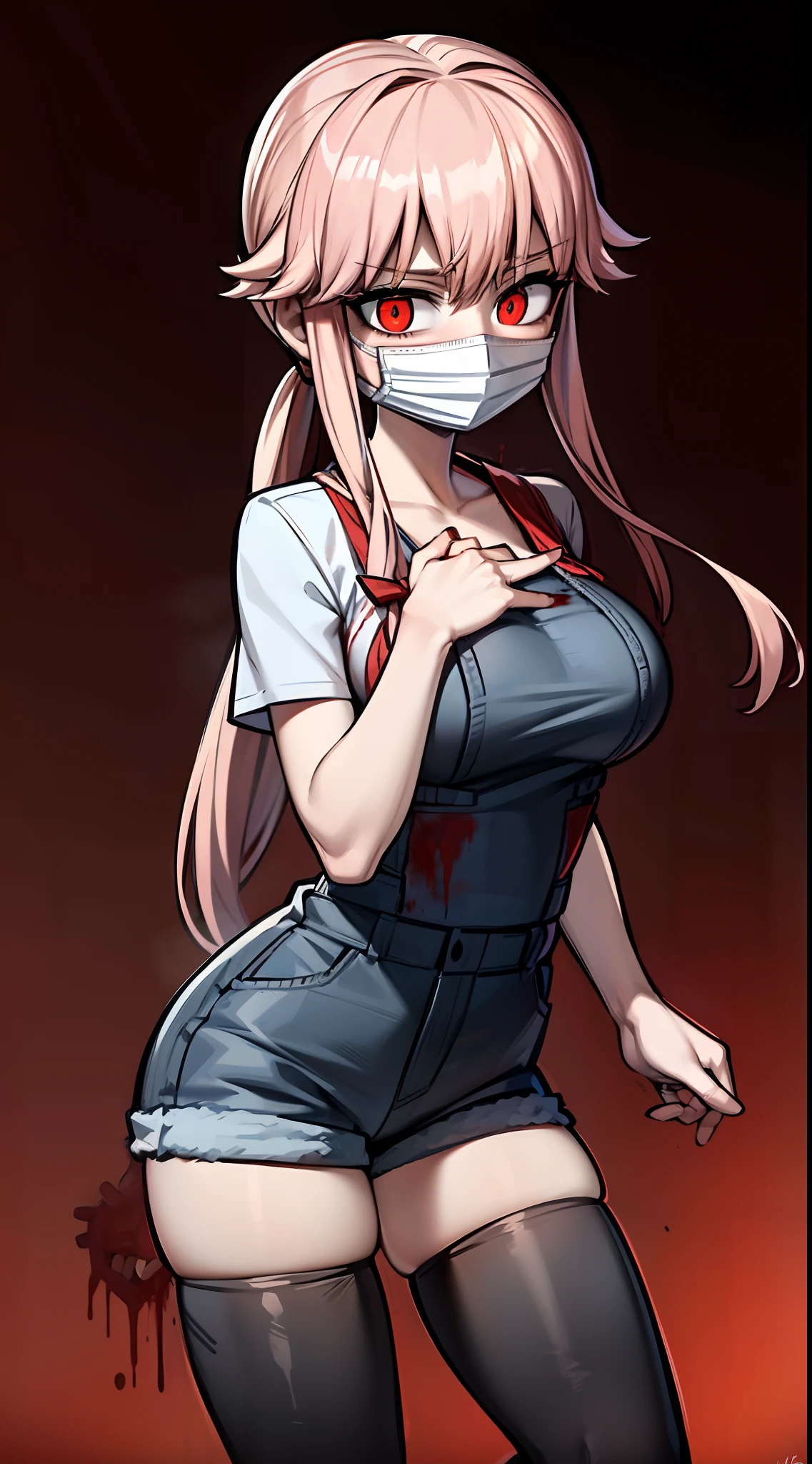 explicit, beautiful, amazing, high quality, detailed background, a woman with large breast in a woods, 1girl, breasts , , , pink hair, large breasts, twintails, long hair, solo focus, mirai nikki, black choker, dark grey overalls, leather gloves, black boots, ((face mask)), red eyes, chasing you through the woods, ((nigth)), crazy, ((crazy eyes)), ((crazy stare)) holding a bloody knife, (fanart of Gasai Yuno), (angry eyes:1.1), (perfect hands:1.5), (masterpiece), best quality, expressive eyes, VHS, ((nigth)), (Parfect Hand:1.3), 4k, 8k, 1980s, from below, (standing over you), wearing a jacket, (Blood:1.1), ((murderer)), (blood splatter:1.5)