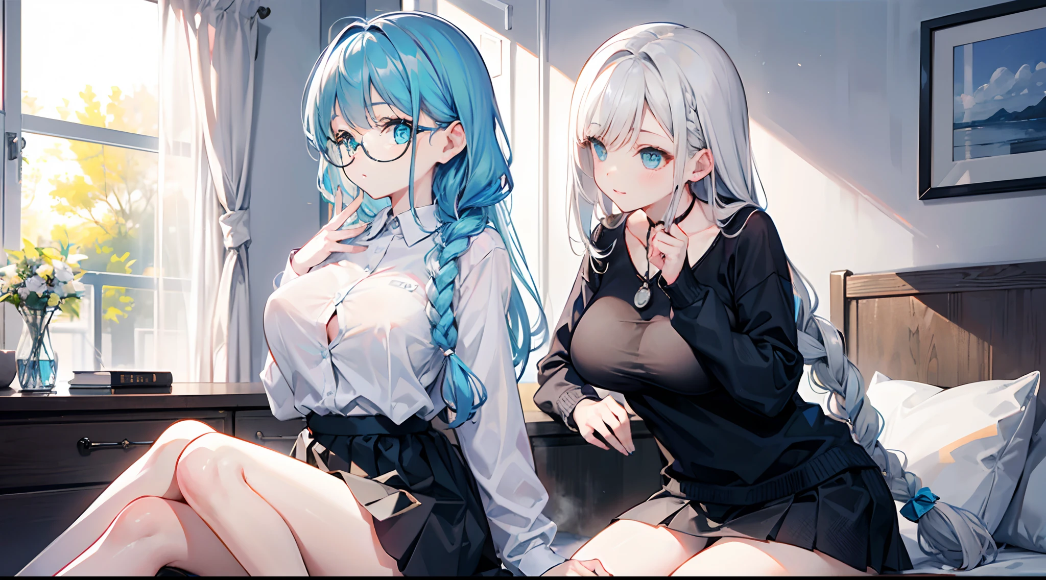 18-year-old girl with silver hair, Blue Highlights., Brown eyes, large boobs. long-haired,Braid left and right, Wear glasses, Wear a white long-sleeved shirt.......button up. Black miniskirt, sitting on the bed,.Kissing with..18-year-old girl with blue blonde hair., Turquoise eyes,long-haired,Braid left and right, Wear glasses, Wear a white long-sleeved shirt.......button up. Black miniskirt, sitting on the bed,..Kissing