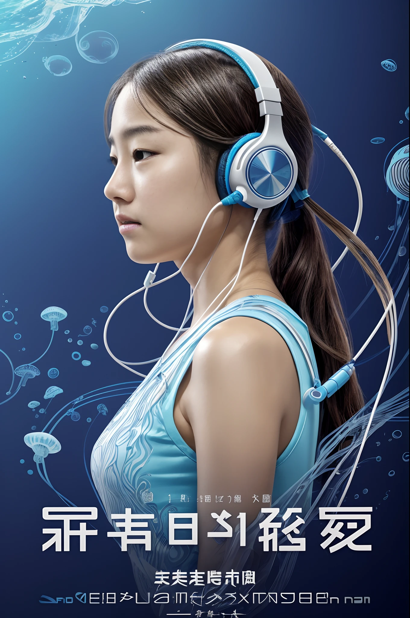 - [ ] Digital Printing Machine Poster, Technical schematic view from the front and side views of the design drawing paper.、The bold text in the background is「Jellyfish style water-cooled headphones」, product, Illustration. Central depiction: Teenager in Japan in cool oriental style wearing retro design headphones, Headphone Design: Vintage aesthetics and modern functionality, Integrated thin water flow pipe resembling jellyfish tendrils, Auditory environment: Showed a gentle murmur of underwater sound emanating from headphones, Imitating the aquatic atmosphere, Spiritual tranquility: The expression of the girl's face and posture reflects mental tranquility, Shows the soothing effect of aquatic whispers, Juxtaposition: Emphasized a harmonious blend of modern hearing technology and nature's calming essence, Explore the story: A story of art seeking mental stability in a chaotic modern world、Subtly implied by design elements and annotations, Symbolism: The similarity of jellyfish provides a unique aesthetic, Symbolizes a gentle drift into serene contemplation, Technical Specifications: Ultra-detailed graphite rendering at 8K resolution、Accurate depiction of each element is ensured, Important Suggestions, and feature pointers, Instruction manual: Next to the main illustration, In the instruction guide、More information about assembling and using the headphones, Provide a practical touch to artistic blueprints. 8K, conceptual art