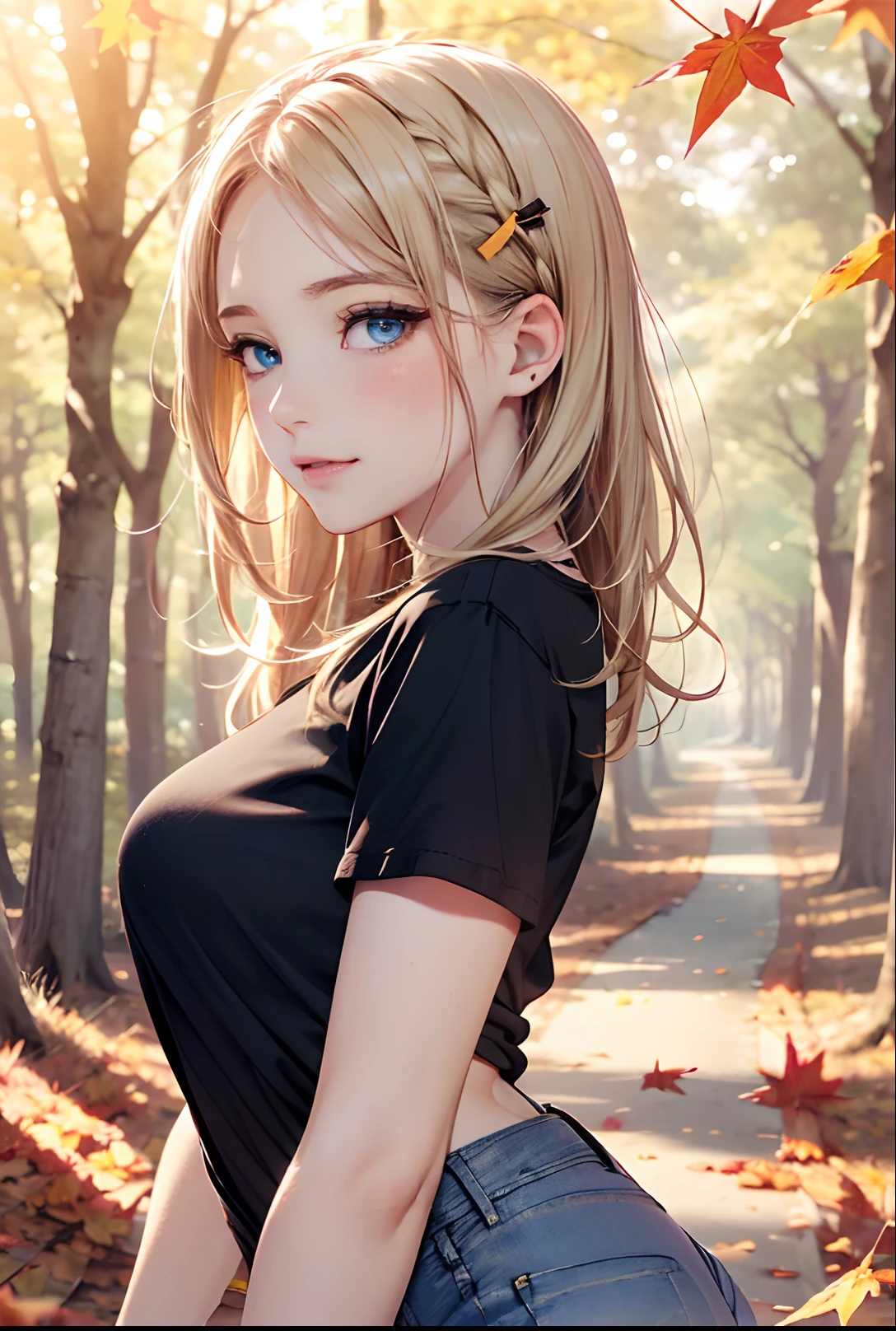 absurderes, ultra-detailliert,bright colour, 8K,masuter piece,(1girl in:1.4),(A very beautiful forest with autumn leaves:1.5),extremely beautiful detailed anime face and eyes,(happy smail:1.4), (Smooth straight blonde hair:1.3), (Shiny hair:1.3),(From Side:1.5), cliff, clouds, the woods,Grassy,lake,lensflare,Tree Road, landscapes, Skysky, suns, Sun'rays, sunlights,The tree, Eau,(Tight jeans:1.3), (Black shirt:1.4),(Deep Blue Eyes:1.3),depth of fields,red blush,hair clips,