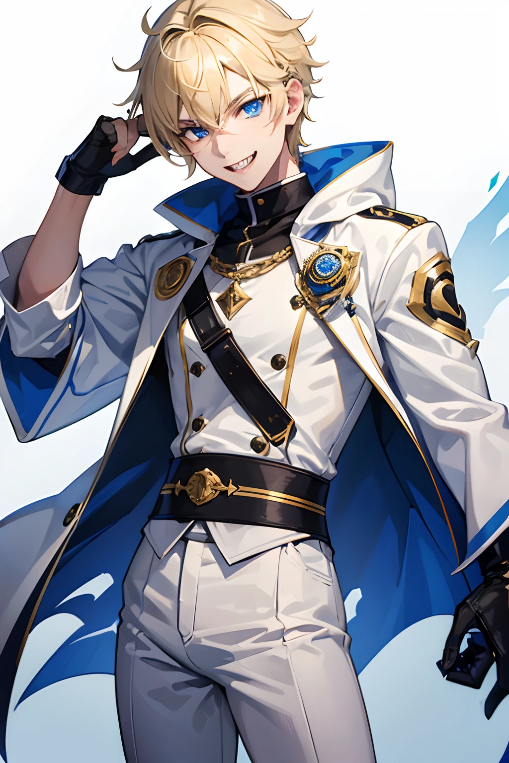 a young teen guy, sharp teeth smile, blond hairs, wearing white bandit clothes, upscale , 4k, blue eyes