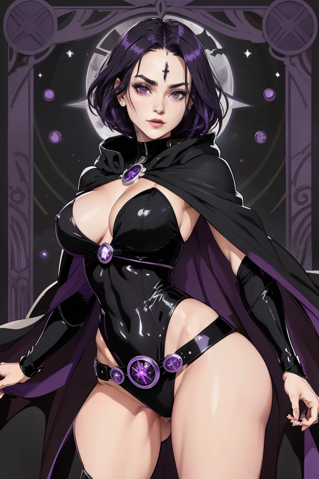 1girl, raven, black leotard, black cape, hood, purple hair, forehead jewel, purple eyes, short hair, belt, skin tight, standing, cleavage, toned, breasts, pose, night, moonlight, ((posing)), motion lines, torso, upper body, portrait, b&w. outline, in Anime Tarot Card Art Style