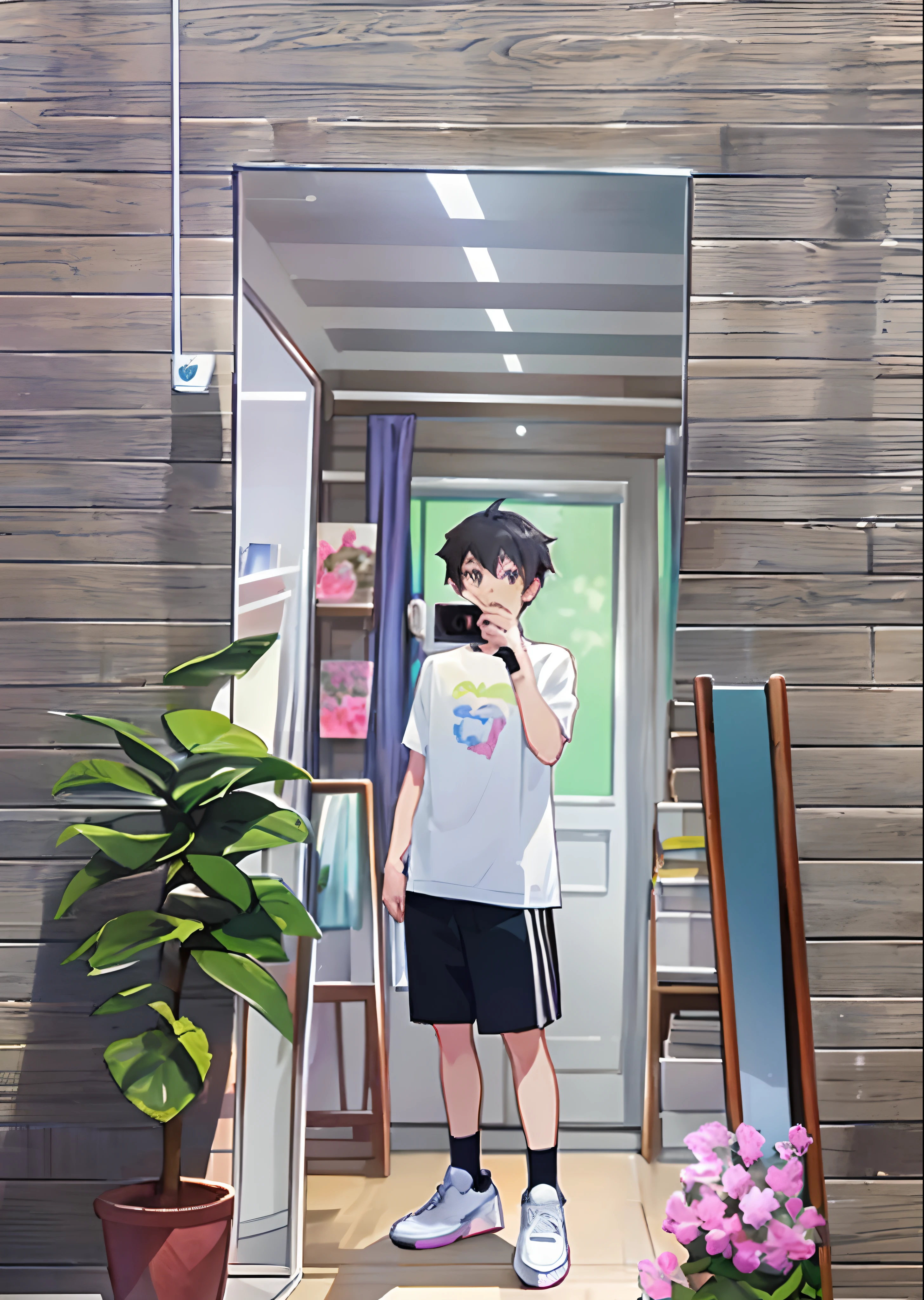 anime boy taking a picture of himself in a mirror, style of makoto shinkai, makoto shinkai style, in style of makoto shinkai, makoto shinkai art style, full body portrait of a short!, makoto shinkai. —h 2160, ( ( makoto shinkai ) ), makoto shinkai!