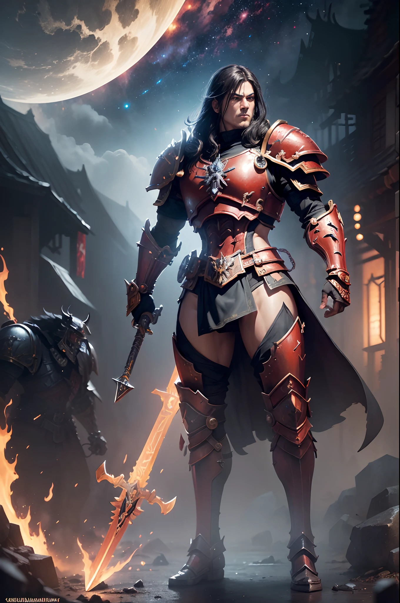 8K分辨率(full body Esbian:1.3)shots、splashart、Fantastic cartoon style、Photorealistic and intense look、Anatomical Photorealistic Digital Painting(Adult male:1.3)Human portrait(AS-Adult:1.3)Red and gold complex(heavily armored:1.3)with the(Dark and moody universe:1.3)、light particules、highlydetailed skin、samurais、extremely detailed eye、 (Elden Ring-style:1.1)、(warhammer style:1.3)、Concept Artist、globalillumination、depth of fields、splashart、art by:artgerm、by Greg Rutkowsky、viktoria gavrilenko,Details of the big sword