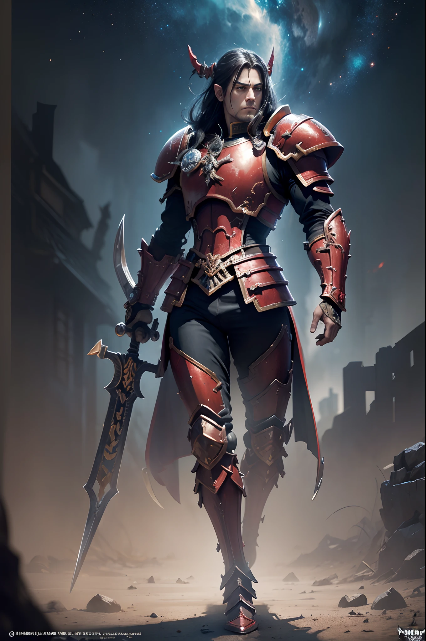 8K分辨率(full body Esbian:1.3)shots、splashart、Fantastic cartoon style、Photorealistic and intense look、Anatomical Photorealistic Digital Painting(Adult male:1.3)Human portrait(AS-Adult:1.3)Red and gold complex(heavily armored:1.3)with the(Dark and moody universe:1.3)、light particules、highlydetailed skin、samurais、extremely detailed eye、 (Elden Ring-style:1.1)、(warhammer style:1.3)、Concept Artist、globalillumination、depth of fields、splashart、art by:artgerm、by Greg Rutkowsky、viktoria gavrilenko,Details of the big sword