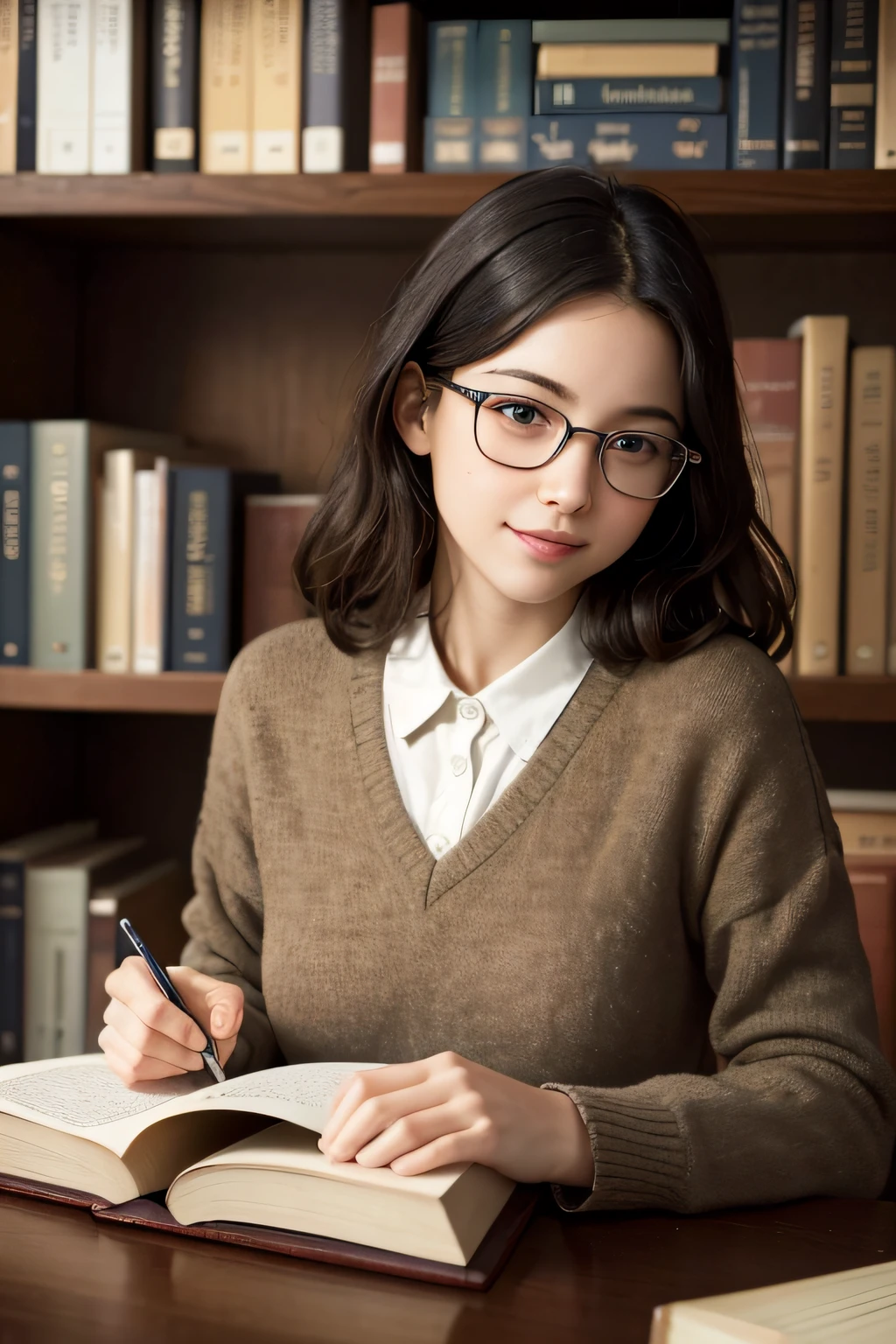 (best quality,4k,8k,highres,masterpiece:1.2),ultra-detailed,(realistic,photorealistic,photo-realistic:1.37),portrait,reading a textbook,beautiful girl,studious girl,bookshelf,book pages,reading glasses,focused eyes,natural light,soft shadows,bookworm,book lover,serene expression,curly hair,corner of a cozy room,old-fashioned library,hearing pages turn,quiet environment,study atmosphere,wisdom,learning,nerdy glasses,charming smile,inquisitive mind,steady hands,bookmarks,highlighted text,pencil sketches in the margins,vivid colors,literature,smart,captivating,intelligent,deep concentration,Louis Braille's textbook,leafing through pages,mind palace intuition,book collection,lively imagination,creative thinking,pursuit of knowledge
