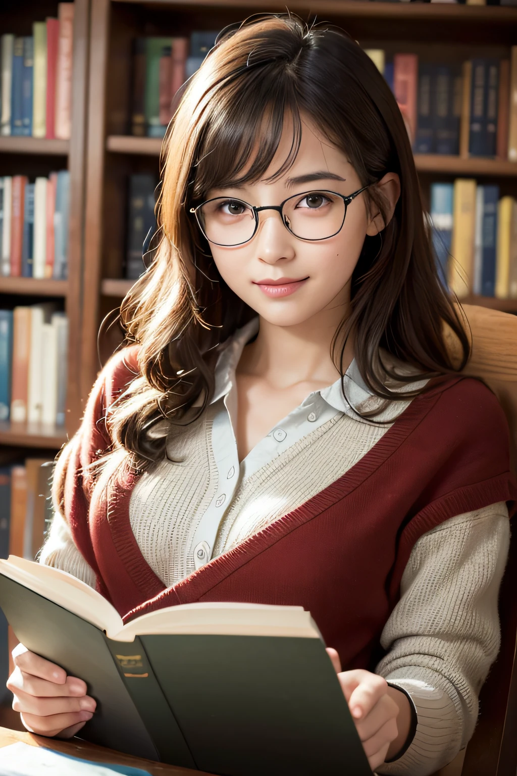 (best quality,4k,8k,highres,masterpiece:1.2),ultra-detailed,(realistic,photorealistic,photo-realistic:1.37),portrait,reading a textbook,beautiful girl,studious girl,bookshelf,book pages,reading glasses,focused eyes,natural light,soft shadows,bookworm,book lover,serene expression,curly hair,corner of a cozy room,old-fashioned library,hearing pages turn,quiet environment,study atmosphere,wisdom,learning,nerdy glasses,charming smile,inquisitive mind,steady hands,bookmarks,highlighted text,pencil sketches in the margins,vivid colors,literature,smart,captivating,intelligent,deep concentration,Louis Braille's textbook,leafing through pages,mind palace intuition,book collection,lively imagination,creative thinking,pursuit of knowledge
