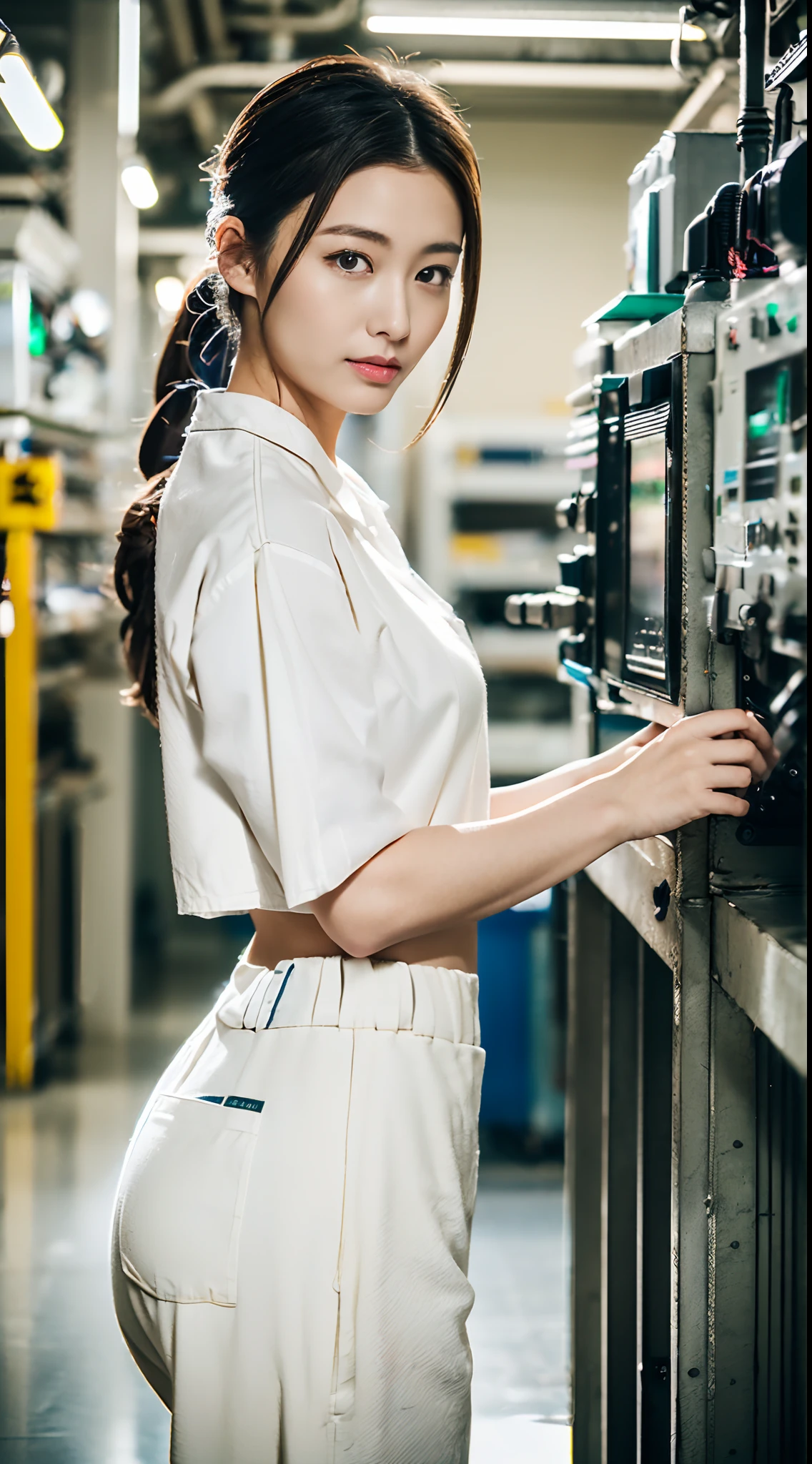 masutepiece, Best Quality, 超A high resolution,(photographrealistic:1.4) (depth of fields),(Lens Glow) ,inside factory:1.5、a Pretty Japanese woman1a person:1.5、(White Workwear Pants:1.5)、(White workwear:1.5)、(posterior view:1.5)、Touching the floor:2