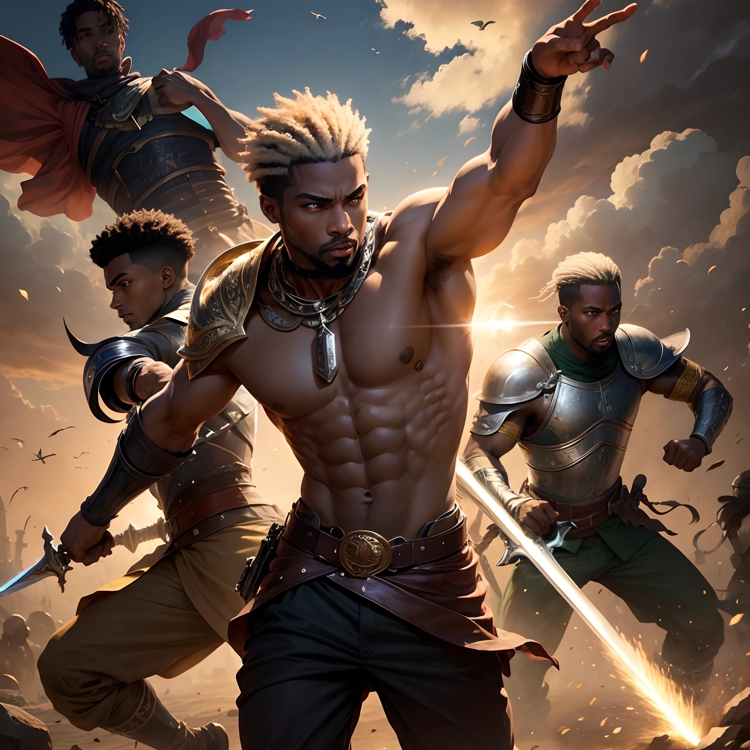 ange, homme, africain, force, puissance, luz, divin, sword, surrounded by valiant warriors