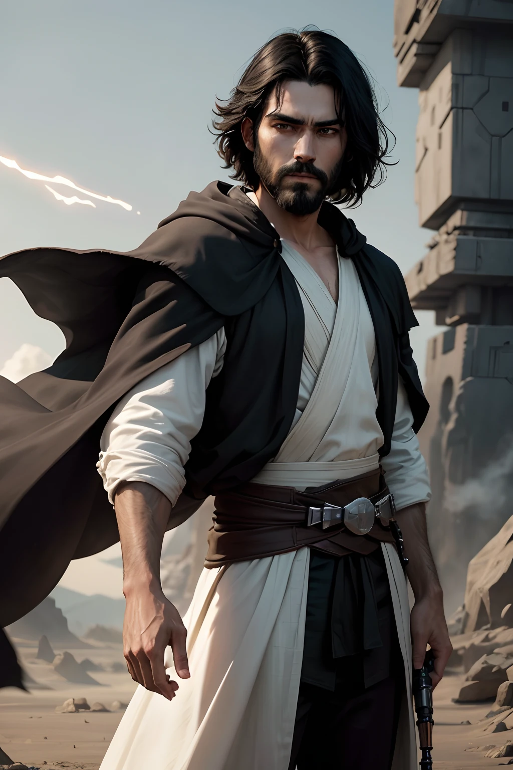 make a star wars jedi in his twenties white skin black hair a small black beard in black robes