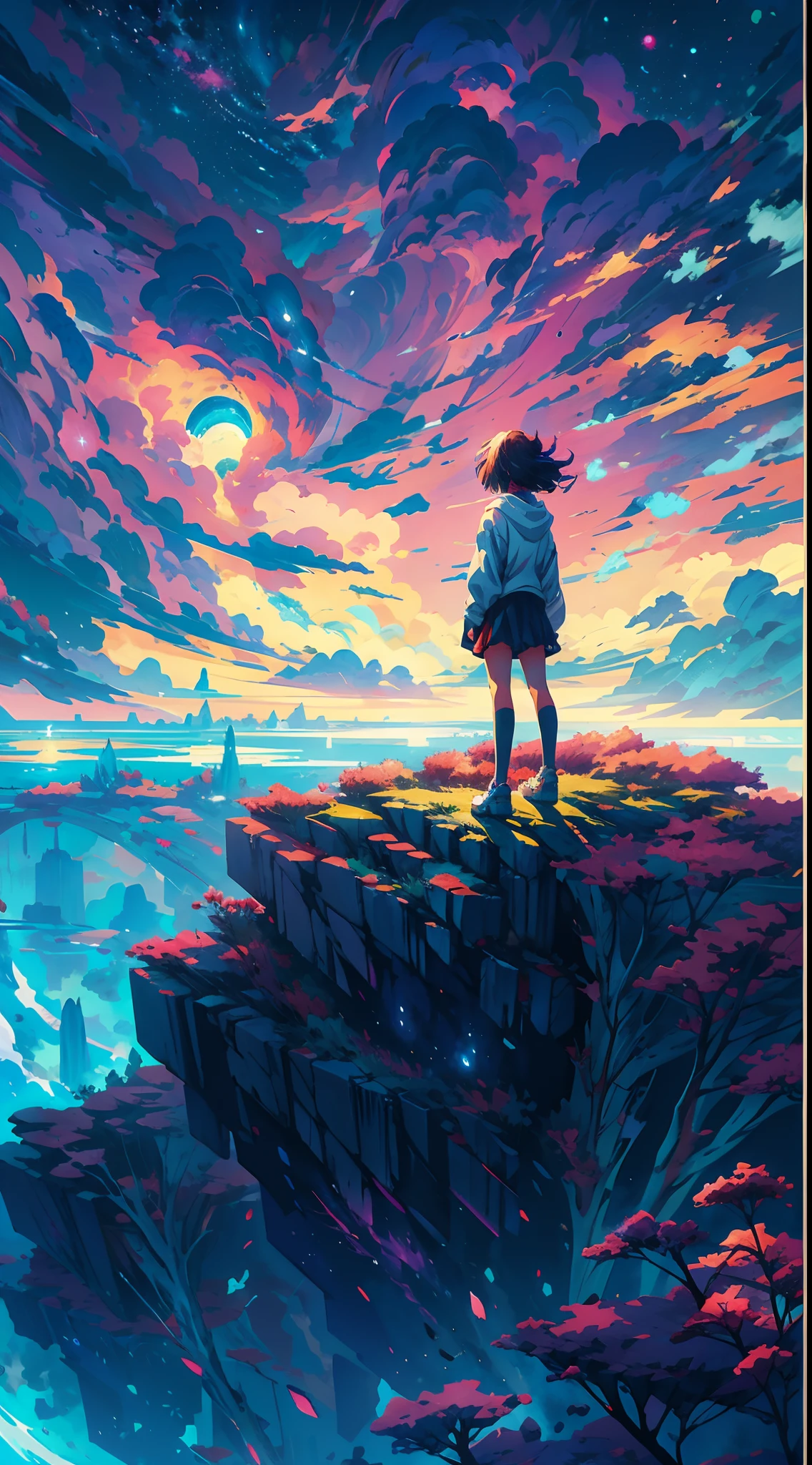 anime girl standing on a rock looking at a star filled sky, makoto shinkai cyril rolando, anime art wallpaper 4k, anime art wallpaper 4 k, anime art wallpaper 8 k, cosmic skies. by makoto shinkai, inspired by Cyril Rolando, in the style dan mumford artwork, amazing wallpaper, by Yuumei