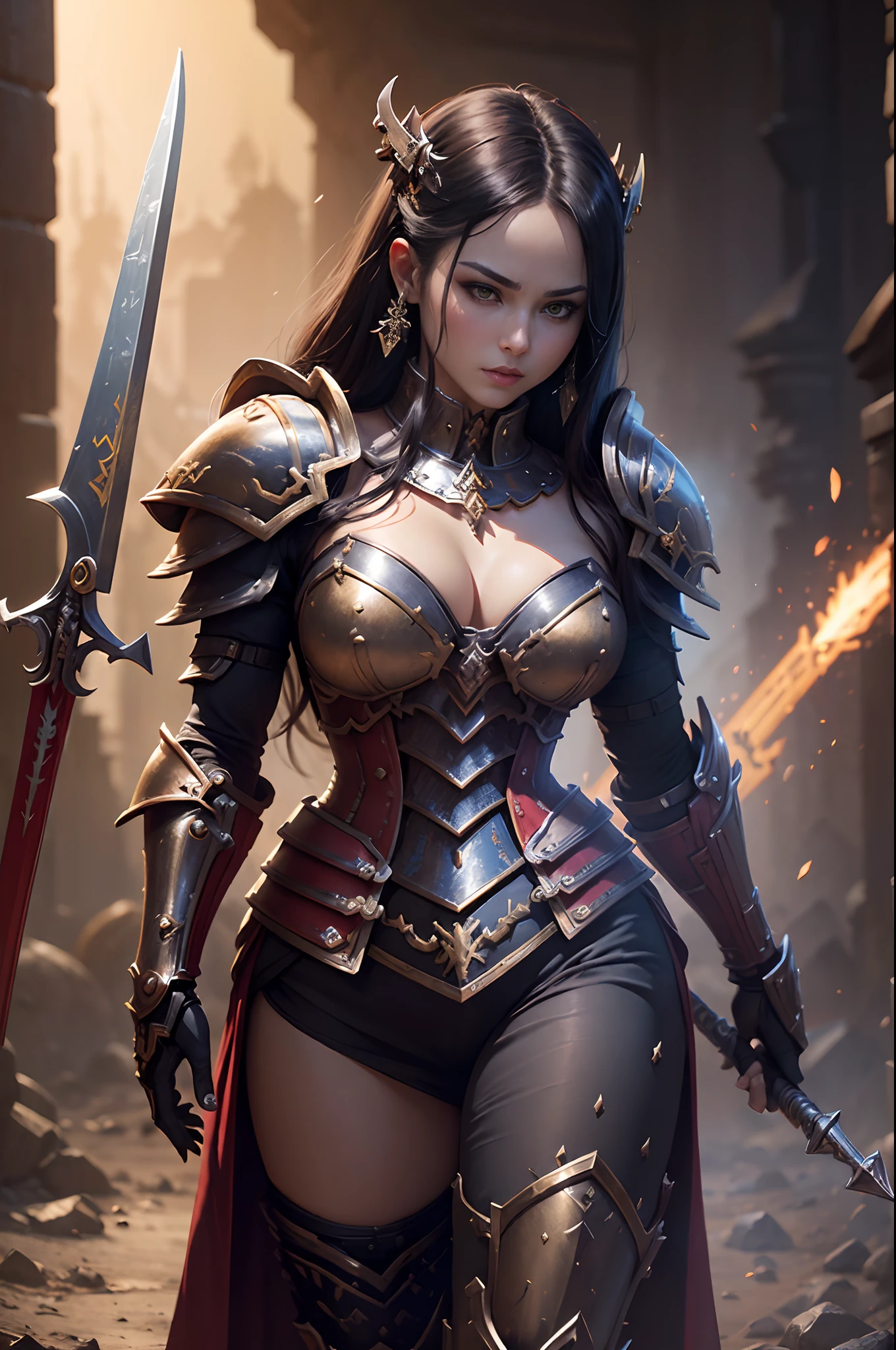 8K分辨率(full body Esbian:1.3)shots、splashart、Fantastic cartoon style、Photorealistic and sexy armor、Anatomical Photorealistic Digital Painting(adult  woman:1.3)Human portrait(AS-Adult:1.3)Red and gold complex(heavily armored:1.3)with  the(Dark and moody universe:1.3)、light particules、highlydetailed skin、samurais、extremely detailed eye、 (Elden Ring-style:1.1)、(warhammer style:1.3)、Concept Artist、globalillumination、depth of fields、splashart、art by:artgerm、by Greg Rutkowsky、viktoria gavrilenko,Details of the big sword,