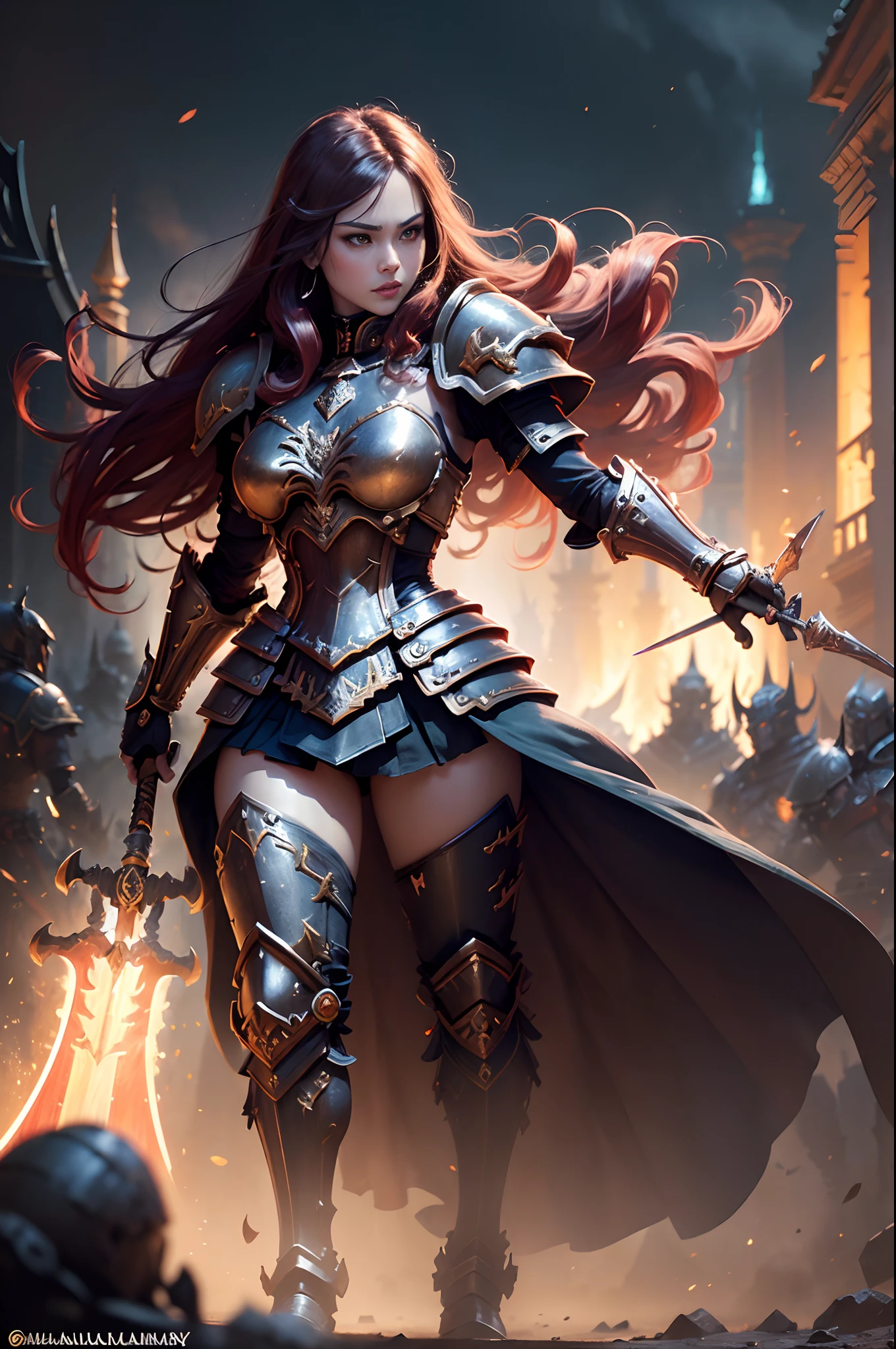 8K分辨率(full body Esbian:1.3)shots、splashart、Fantastic cartoon style、Photorealistic and sexy armor、Anatomical Photorealistic Digital Painting(adult  woman:1.3)Human portrait(AS-Adult:1.3)Red and gold complex(heavily armored:1.3)with  the(Dark and moody universe:1.3)、light particules、highlydetailed skin、samurais、extremely detailed eye、 (Elden Ring-style:1.1)、(warhammer style:1.3)、Concept Artist、globalillumination、depth of fields、splashart、art by:artgerm、by Greg Rutkowsky、viktoria gavrilenko,Details of the big sword,