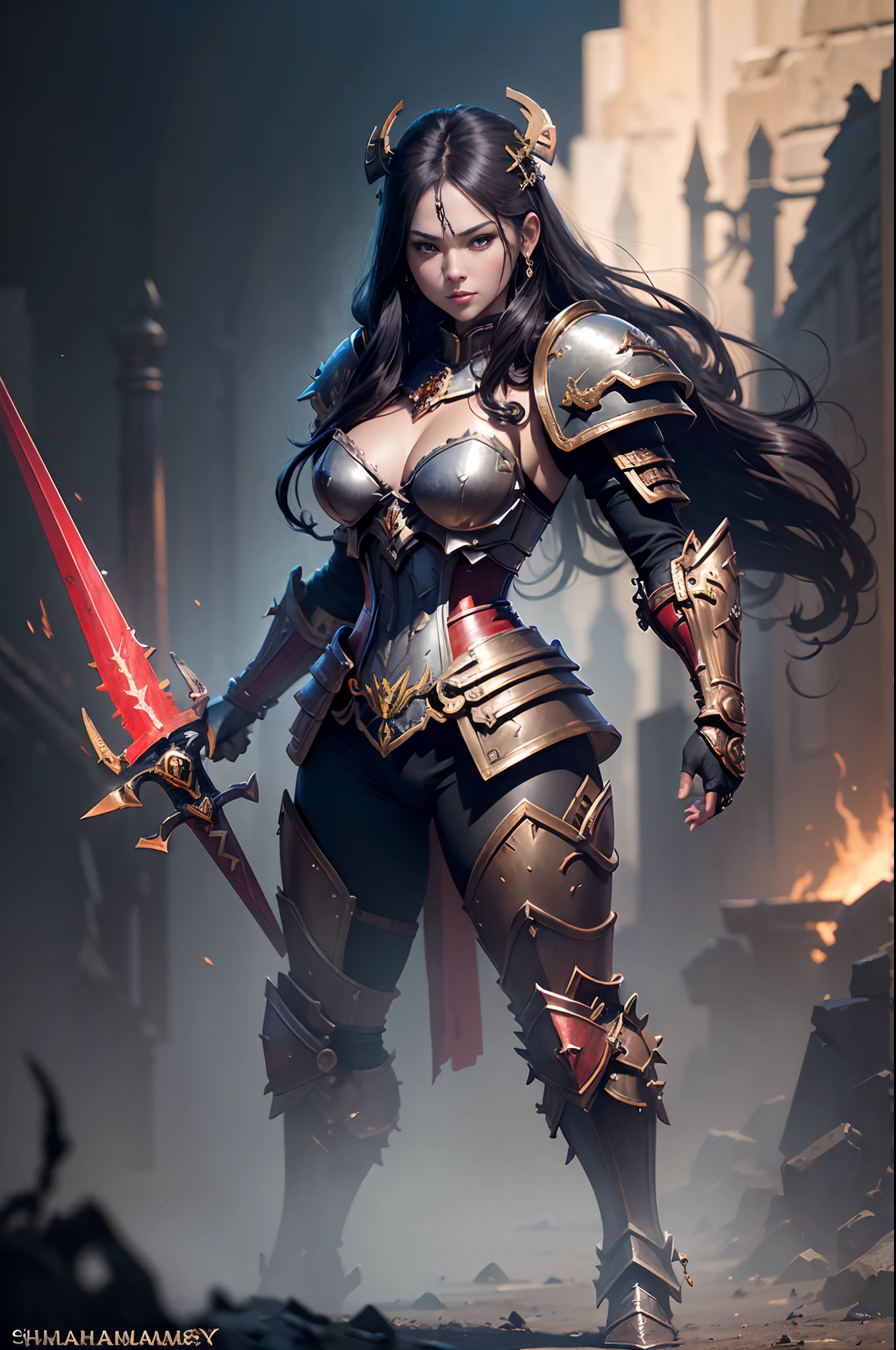 8K分辨率(full body Esbian:1.3)shots、splashart、Fantastic cartoon style、Photorealistic and sexy armor、Anatomical Photorealistic Digital Painting(adult  woman:1.3)Human portrait(AS-Adult:1.3)Red and gold complex(heavily armored:1.3)with  the(Dark and moody universe:1.3)、light particules、highlydetailed skin、samurais、extremely detailed eye、 (Elden Ring-style:1.1)、(warhammer style:1.3)、Concept Artist、globalillumination、depth of fields、splashart、art by:artgerm、by Greg Rutkowsky、viktoria gavrilenko,Details of the big sword,
