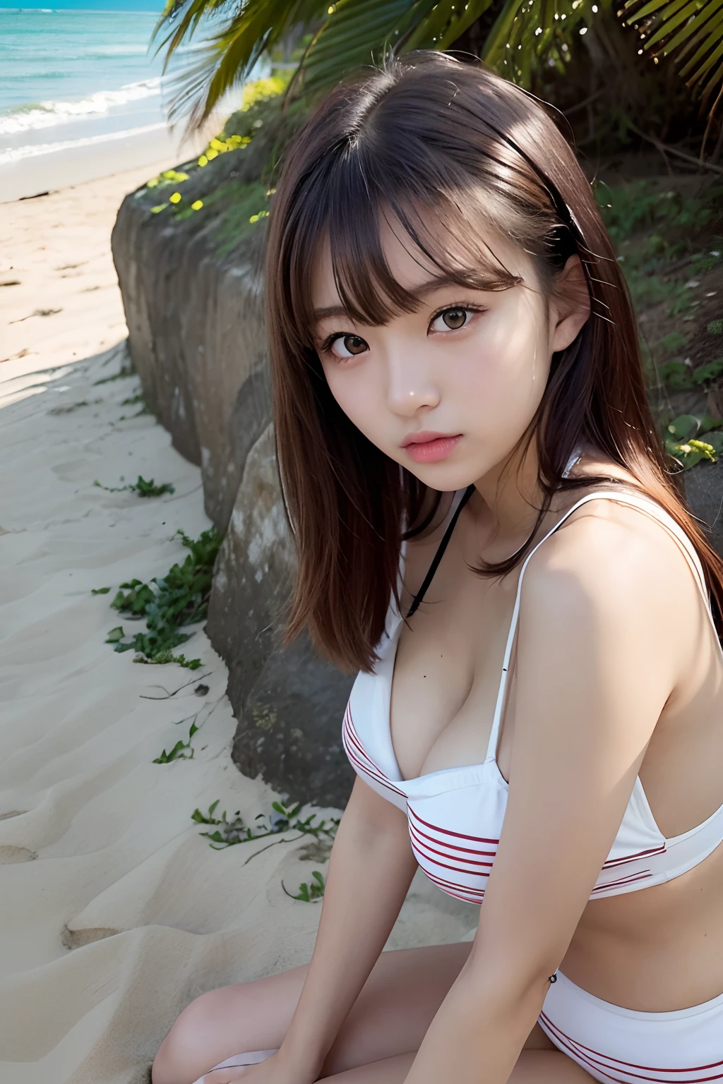 masutepiece, Best Quality, One girl, (Beautiful Girl:1.3), (18 years old:1.3), Very fine eye definition, (Symmetrical eyes:1.3), (Beach, Sit on the sand:1.2), Beautiful breasts, Brown eyes, Parted bangs, Brown hair