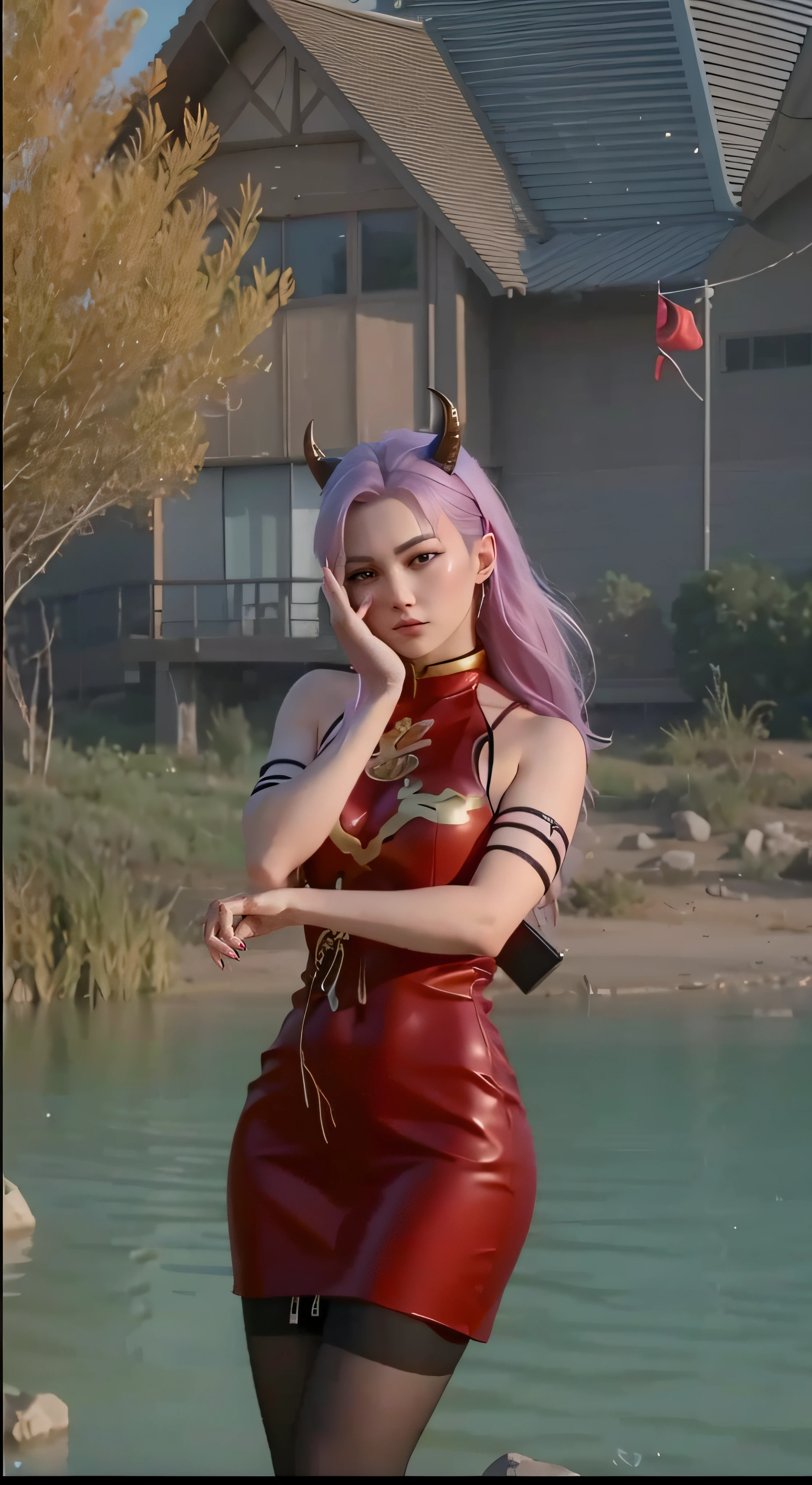 ((super realistic)), arafed woman in a chinese red suit and red horn wiht purple hair standing in front of lake, style game square enix, realistic artstyle urban girl fanart, trending on cgstation, fashion gameplay screenshot, realism artstyle, diesel punk female, game cg, casual pose, realistic anime 3 d style, trending at cgstation, detailed face, detailed eyes,