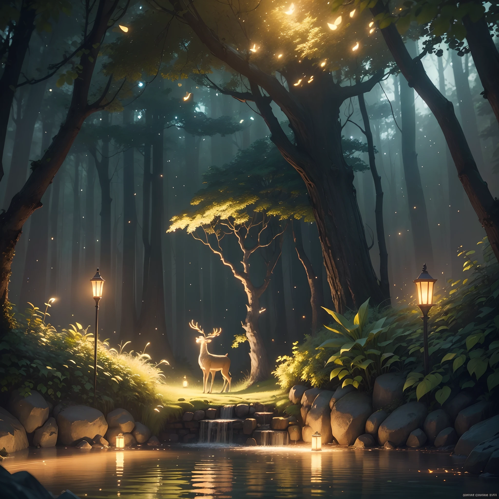 Masterpiece, best quality, (very detailed CG unity 8k wallpaper), (best quality), (best illustration), (best shadows), glow sprite, with a glowing deer, in the swimming pool Drinking water, natural elements in the forest theme. Mysterious forest, beautiful forest, nature, surrounded by flowers, delicate leaves and branches surrounded by fireflies (natural elements), (jungle theme), (leaves), (twigs), (fireflies), (particle effects) etc. 3D , Octane rendering, ray tracing, super detailed