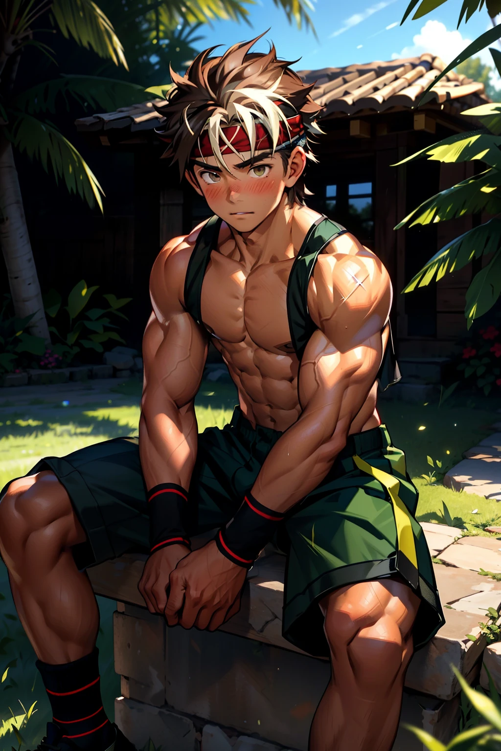 (Masterpiece, Best quality  boy，Shota), 1boys, Young,Muscular, Short hair, with brown eye, Intricate, Grass, full bodyesbian, Shirtless, Muscles sparkle in the sun,Black shorts,  green headband, Vivid colors,(Depth of field:1.2),(Abs),Blush, view the viewer, Sit on grass,