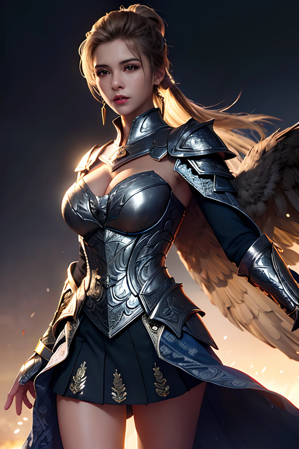 (Highest Quality, Masterpiece: 1.2), Ultra High Resolution, Realistic, Front Lighting, Intricate Detail, Exquisite Detail and Texture, 1girl, Solo, (young), Face Highlight, Upper Body, Detailed Face, Tear Point, Fair Skin, Silver Hair , ponytail, pigtails, viewer, big eyes, large fancy earrings, normal breasts, slim body, luxurious room, professional lighting, photon mapping, radiosity, physically based rendering, paladin armor, iron armor on shoulders and chest Wearing it on the waist and arms, the pattern of an eagle is engraved on the armor, the detailed pattern is designed on the armor, the armor is a style that reveals a woman's body, a short skirt, a mini skirt, and a dress that closely adheres to the body is worn inside the armor ,There is a very luxurious cloak, the pattern is engraved on the shape of the cloak, wearing a pleated tannis skirt, a knight of holy justice, a large super-sized hammer weapon, five fingers naturally, an armor pattern that embodies eagle wings,