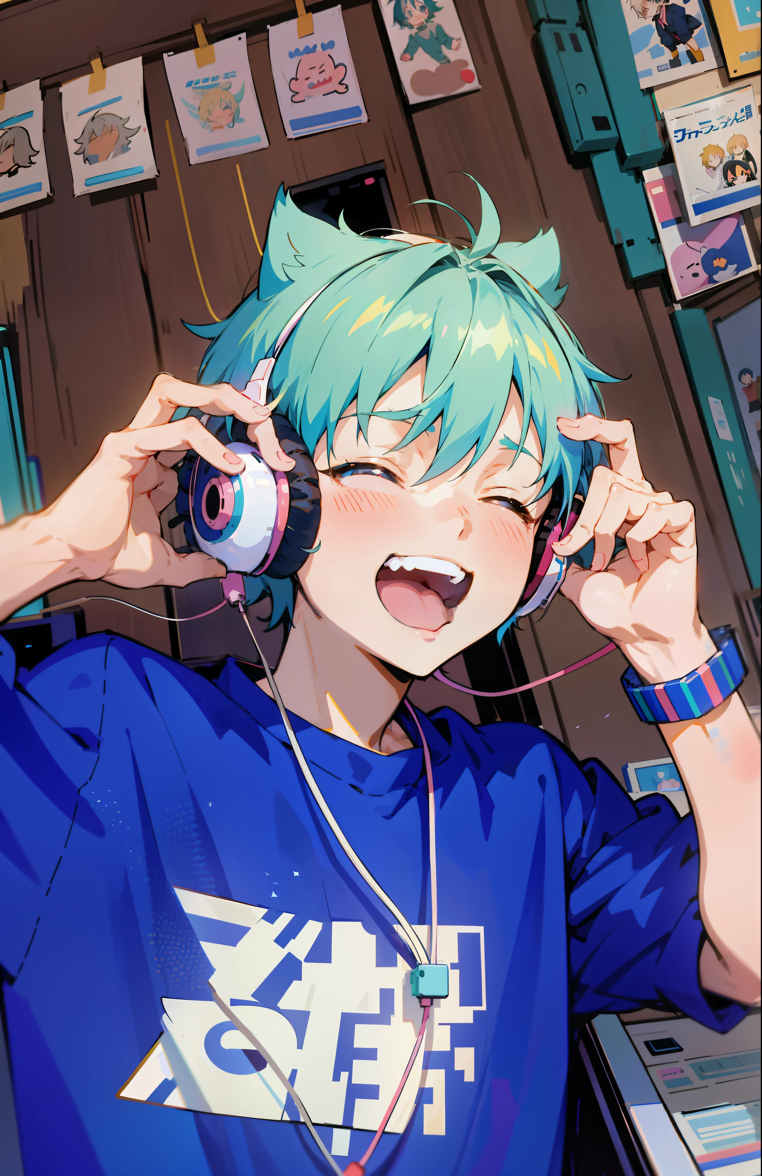 anime boy with headphones listening to music in a store, nightcore, anime moe artstyle, [[[[grinning evily]]]], 2 d anime style, anime boy, lofi artstyle, mikudayo, anime vibes, lofi portrait, inspired by Bian Shoumin, high quality anime artstyle, anime artstyle, anime style 4 k