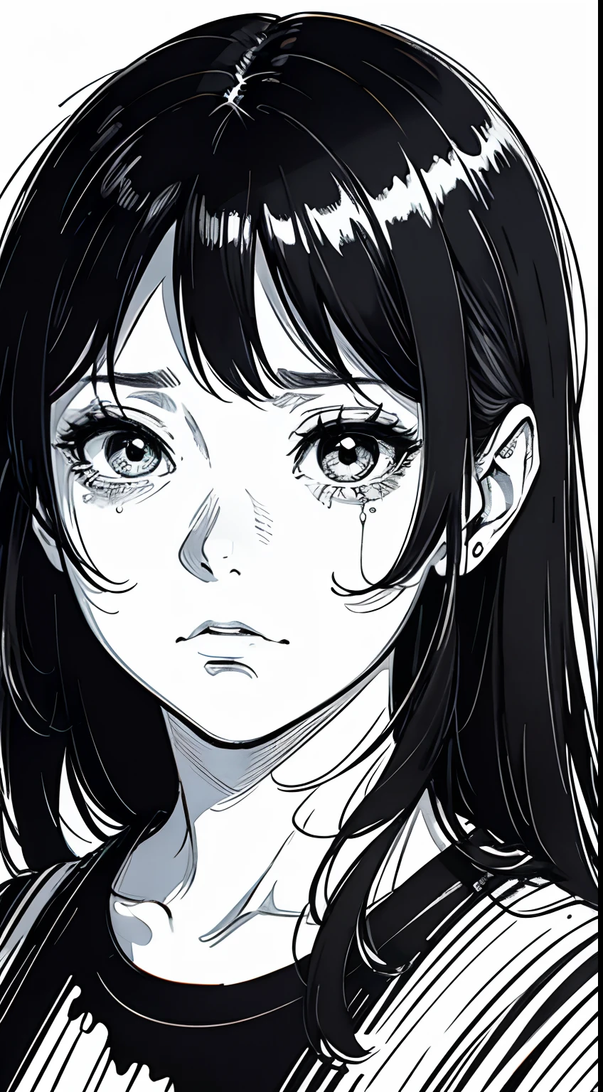 A woman with long black hair, black skirt, black background, sadness, tears, depression, expressionless, bust shot, upper body close-up, rough expressive lines, expressive lines, dark lines, dense lines, intense line work, masterpiece, best quality, super fine, extremely delicate and beautiful, horror manga, black and white manga, black and white line drawing, inspired by Junji Ito, art style of Junji Ito, hand-drawn, character focus, extremely fine,