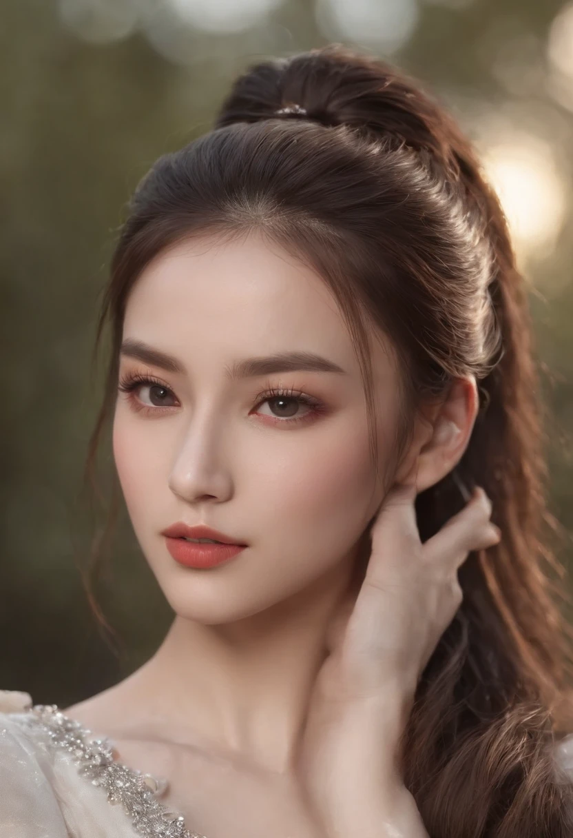 tmasterpiece, realisticlying, photo realisti, Forcing the Righteousness of Allah, highly contrast, Realistic Digital Art Trends、Art Station is realistic with 8k HD detail, 1girll,(Eau,Water Ring)), 独奏, halter, Eau, With gray eyes, Brunette High Ponytail Hairstyles, Wide sleeves, long-sleeve, cparted lips, cowboy lens, black backgrounds, Back, Parted Lip, A detailed, skin textures, ultra - detailed, realistic skin textures,Hold your arm,Angry face