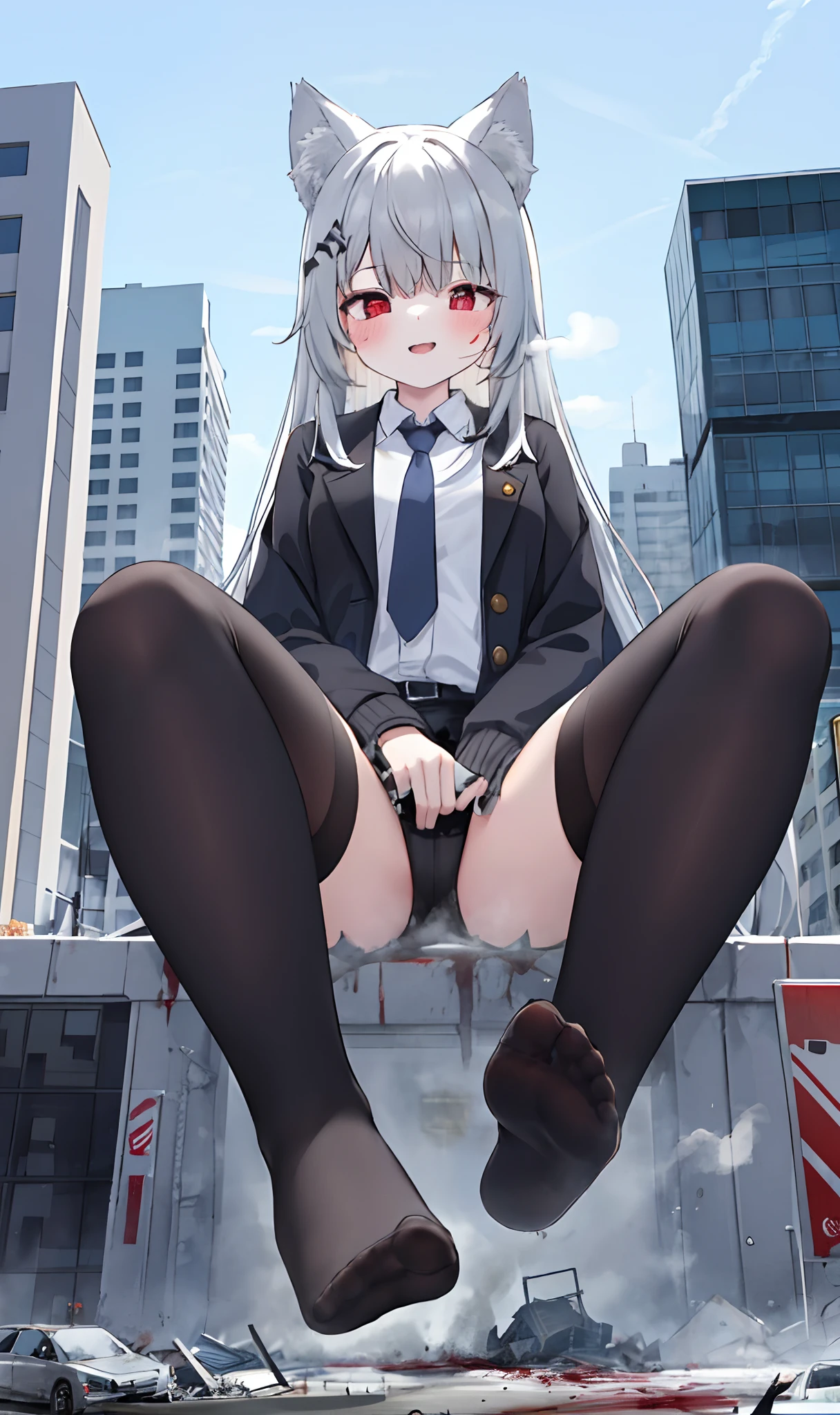 1girll, old, full bodyesbian,a giantess, Bigger than the building,No shoes,{Black stockings},Black jacket with white shirt ,Blue tie,Dark gray hair,Wolf ears,Light red eyes,A cold expression, Destroyed buildings, Sit on a destroyed building,People who are trampled on the ground,blood on ground,GTSCity, As a giantess, Bright pupils, Smile, Naughty face, 16k, High quality, High details, Anatomically correct, Textured skin,The feet emit steam,
