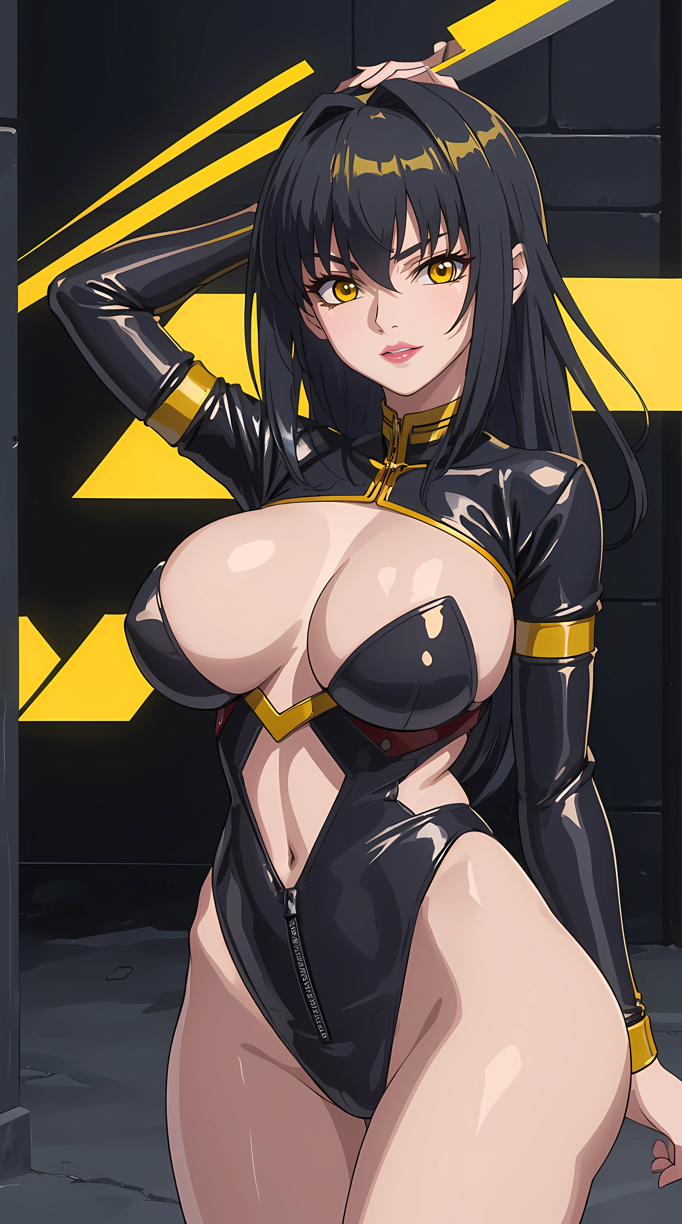 (masterpiece:1.4),(best quality:1.4, highres), beautiful face, beautiful eyes, 1girl, solo, female mature, black hair, long hair, (yellow eyes:1.4), large breasts, black latex suit, ((night vibe background)), hair intakes, exquisite eyes detail, exquisite face details, exquisite character design details 8k HDR, professional art, landscape, (solo:1.5, 1girl:1.4, cowboy shot:1.5), milf, 35 years old girl, (looking at viewer, smug, Lying against the wall, hand on head), Annerose