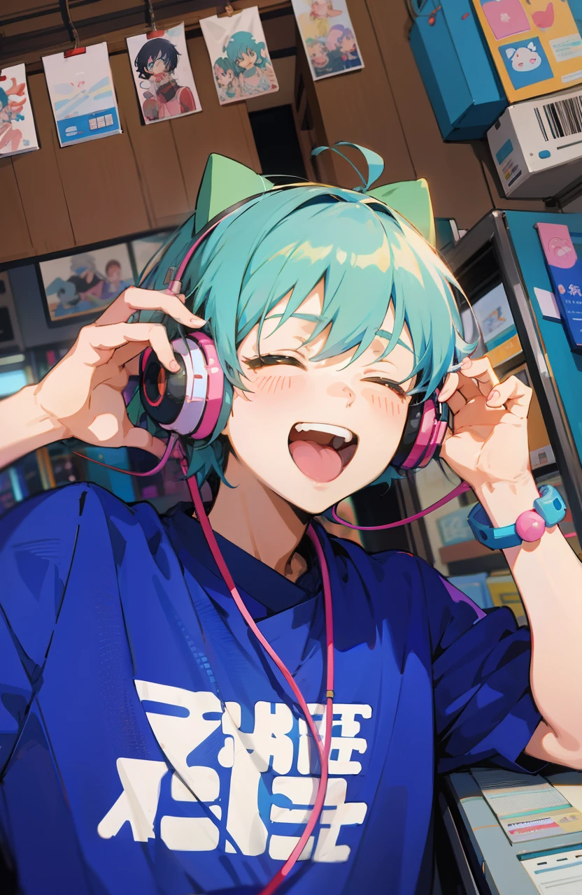 anime boy with headphones listening to music in a store, nightcore, anime moe artstyle, [[[[grinning evily]]]], 2 d anime style, anime boy, lofi artstyle, mikudayo, anime vibes, lofi portrait, inspired by Bian Shoumin, high quality anime artstyle, anime artstyle, anime style 4 k