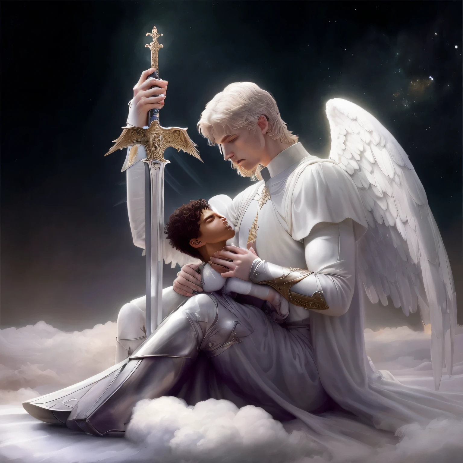 There is a man sitting on a cloud with a sword and a black man, anjo protegendo o homem, anjo assistindo homem negro de cabelo preto liso, anjo, angelic, heaven on earth, eros and thanatos, biblical accurate angel, beautiful angle, um anjo, Jovem Anjo Wan, holy sword in his hands, inspirado em Thomas Blackshear, anjo protegendo o homem, angelic, angels protecting a praying man. foto realista